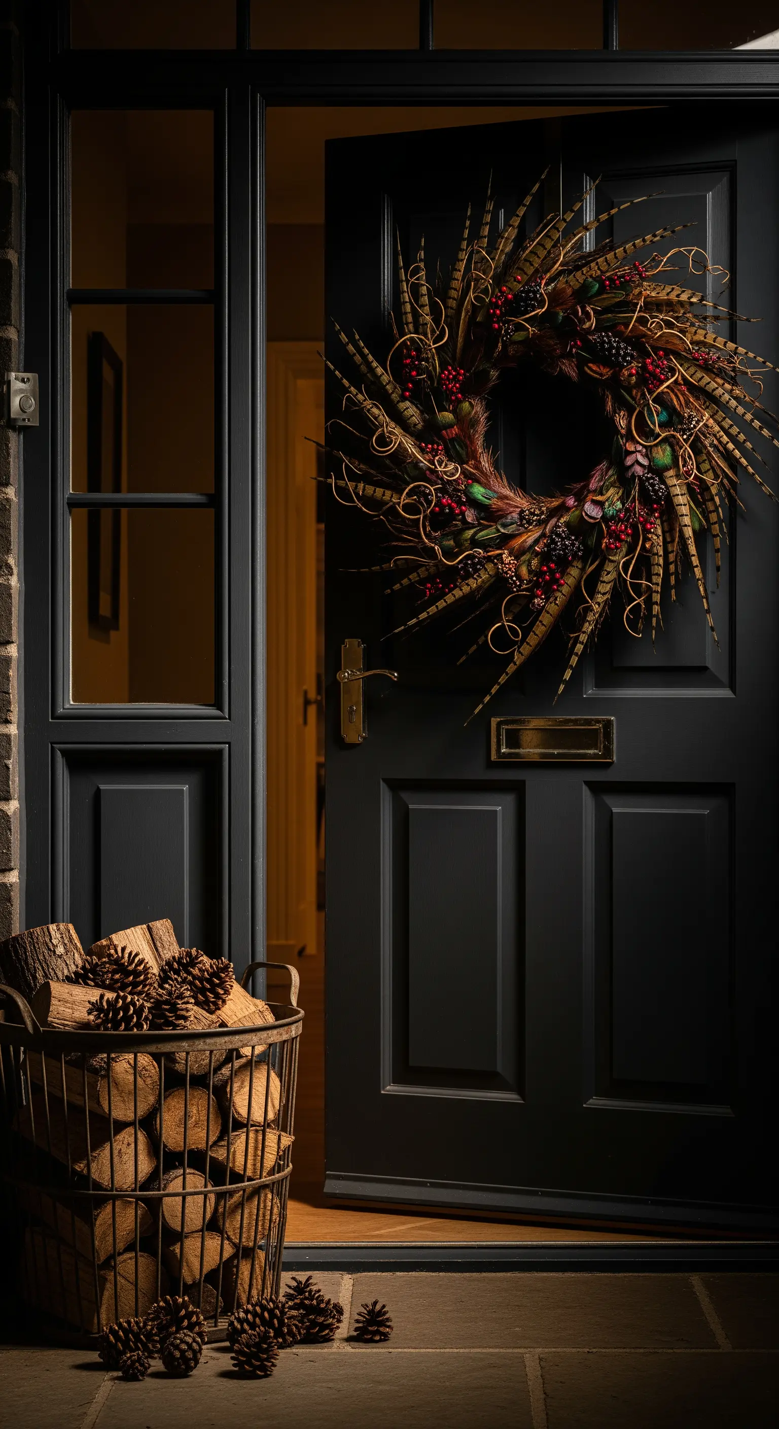 Faserkranz mit Beeren an schwarzer Tür, Metallkorb mit Brennholz und Zapfen