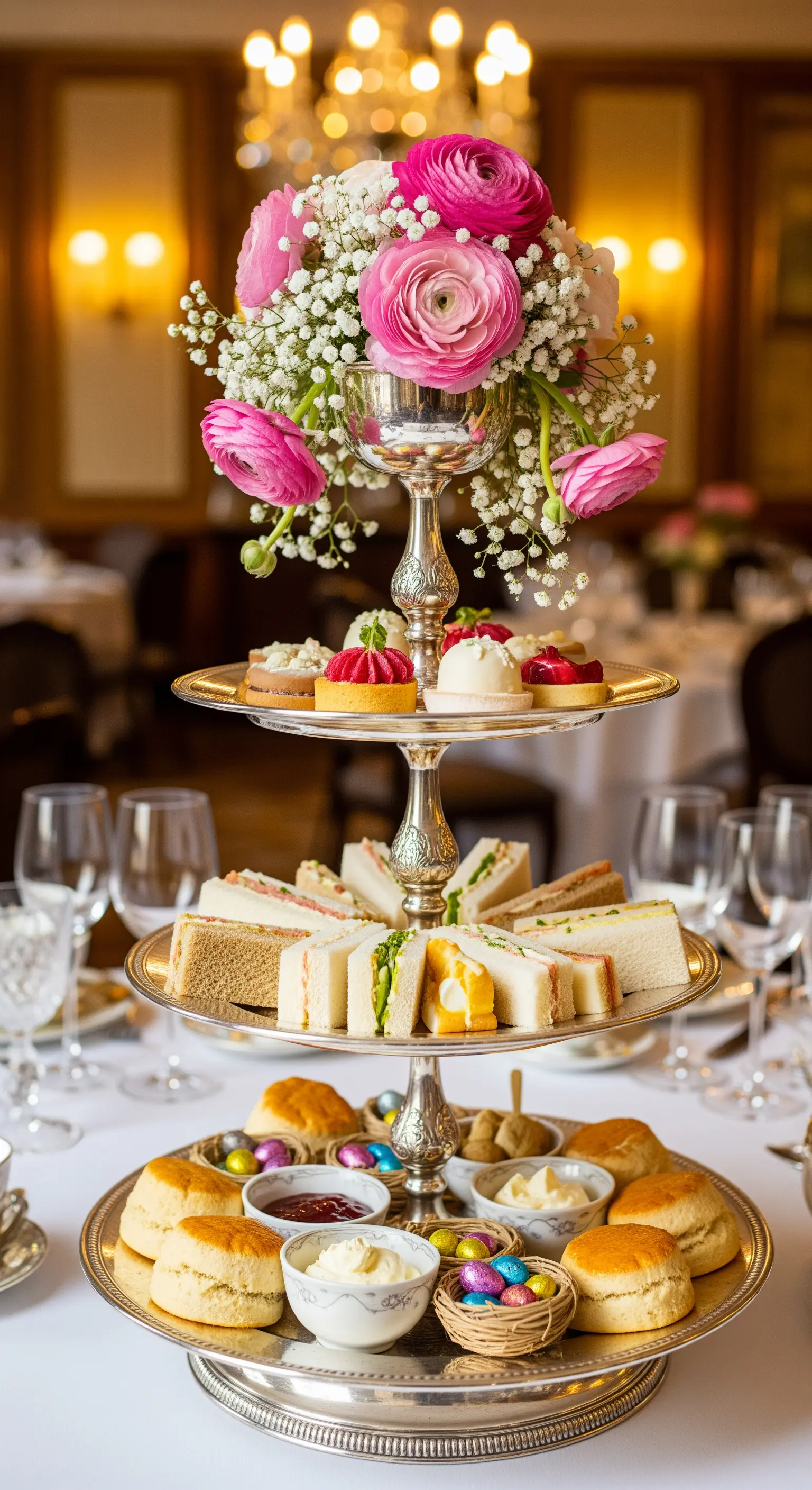Klassische Silber-Etagere mit Sandwiches, Scones und Pâtisserie