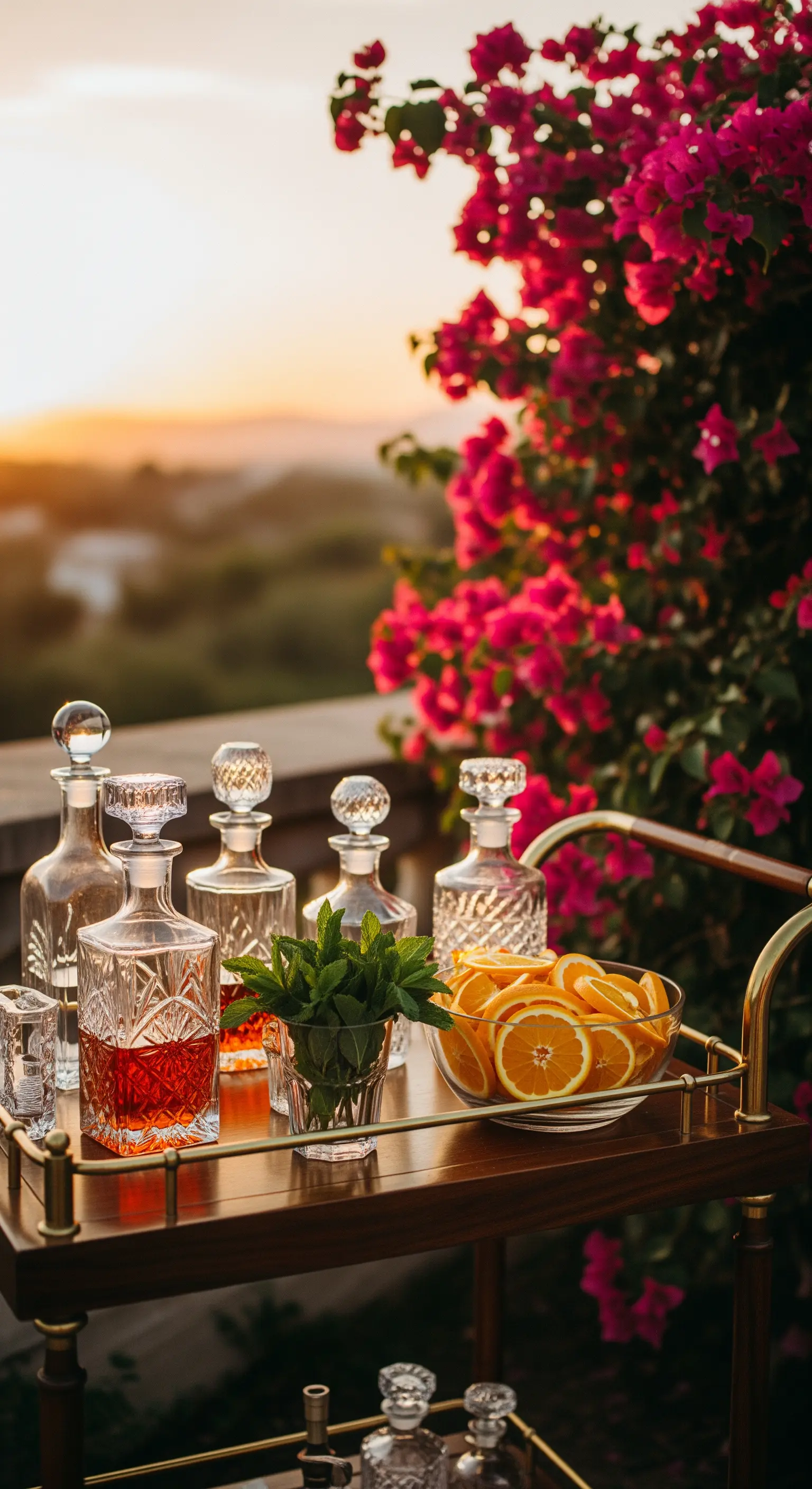 Barwagen mit Kristallkaraffen, Orangen und Minze vor blühender Bougainvillea bei Sonnenuntergang
