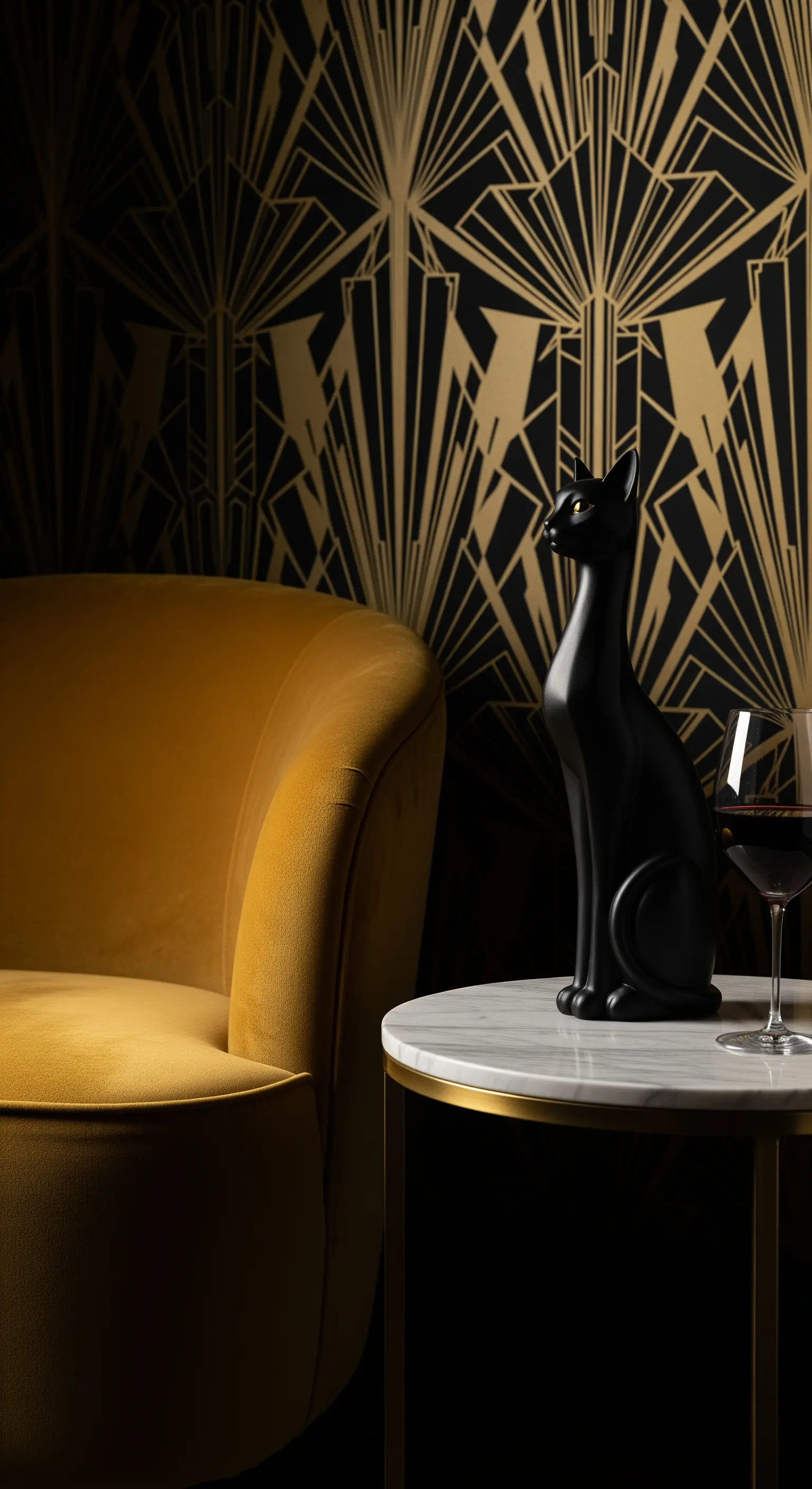 Art-Déco-Ecke mit schwarzer Katze, goldenem Sessel und gemusterter Tapete