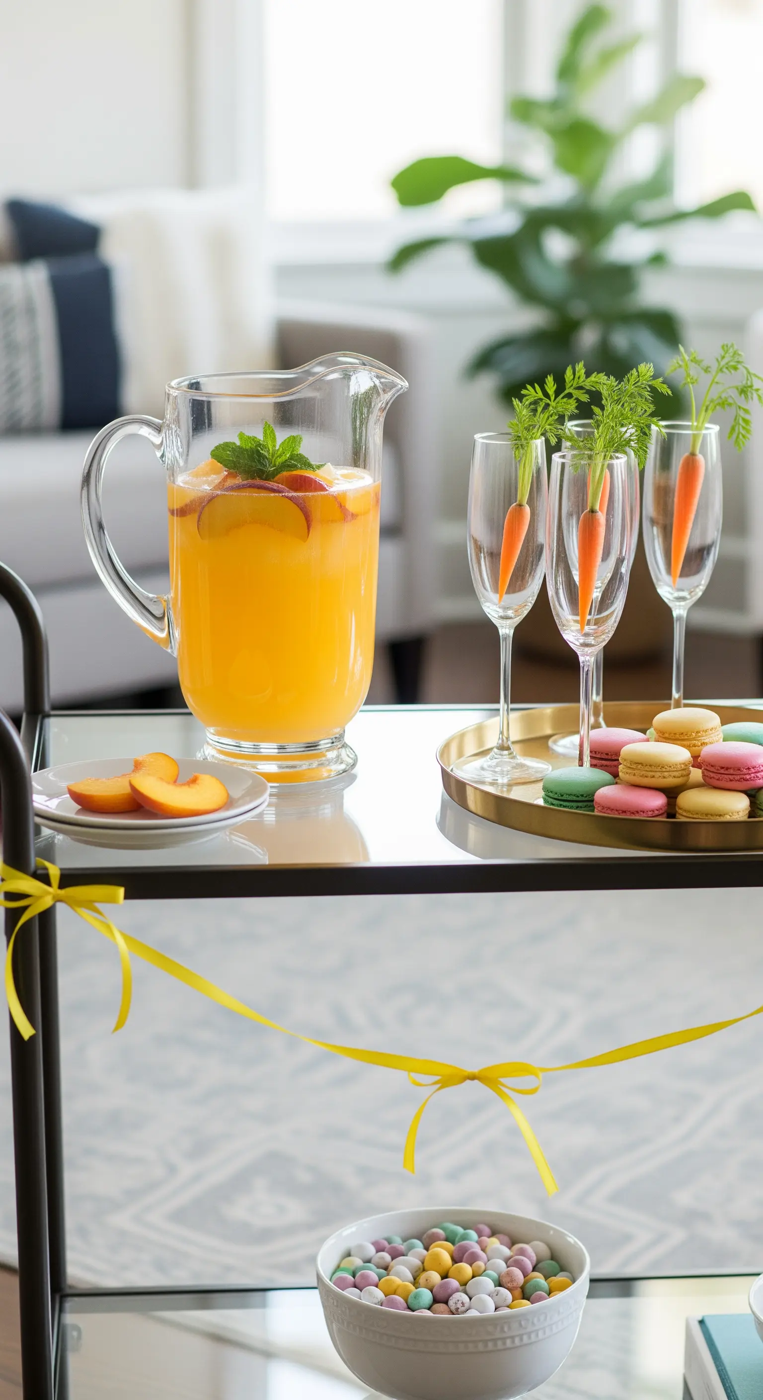 Barwagen mit Ostergetränken, Karotten-Gläsern und Macarons