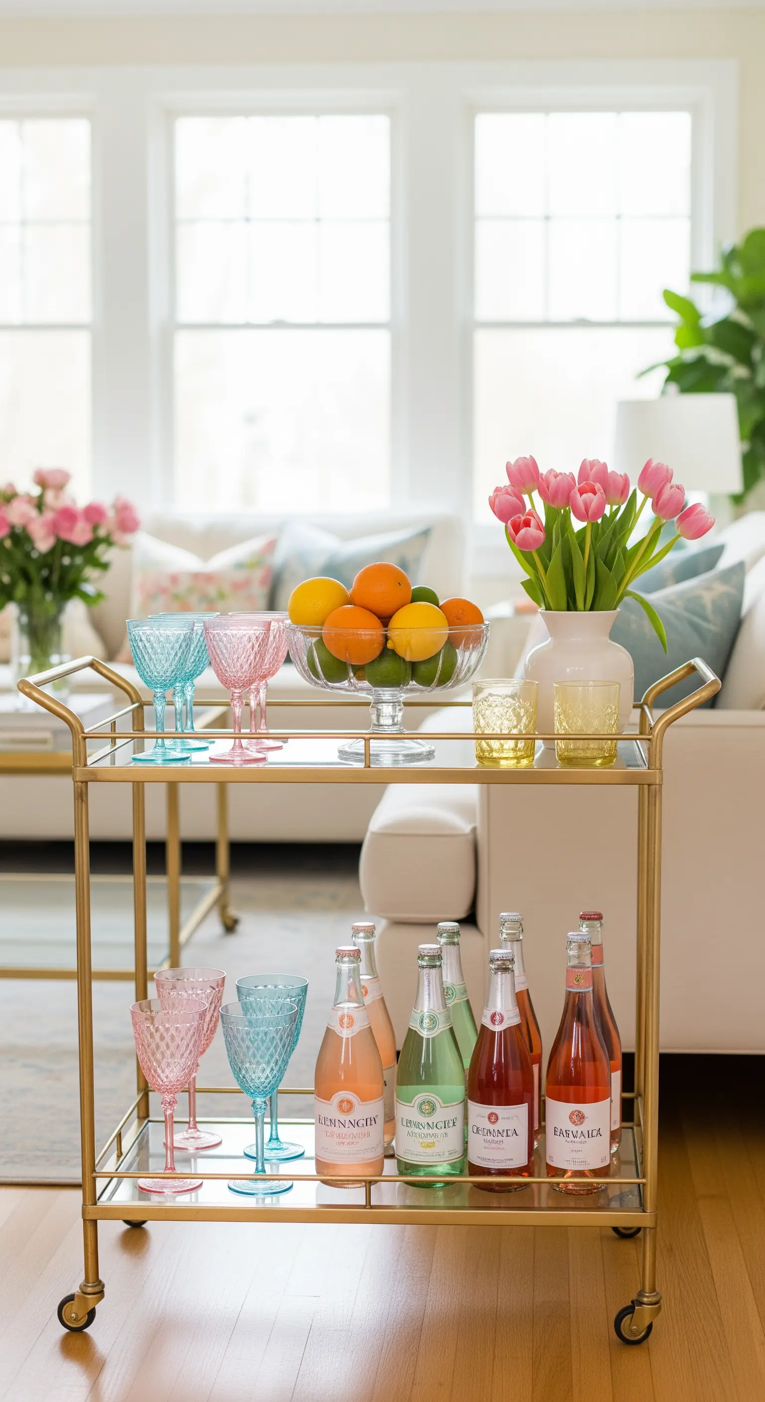Goldener Barwagen mit Pastellgetränken, bunten Gläsern und Tulpen
