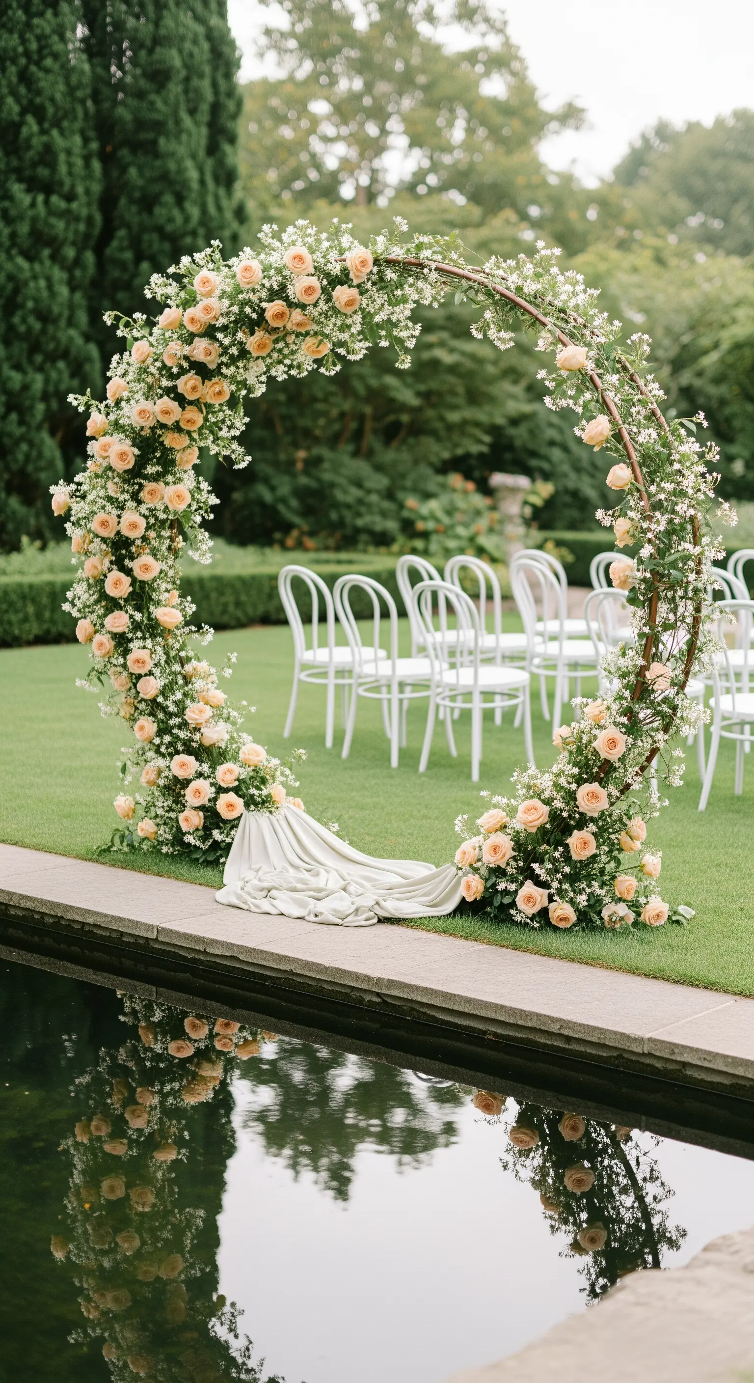 Runder Blumenring mit cremefarbenen Rosen und weißem Schleierkraut, mit Stoffdrapierung an einem Teich.