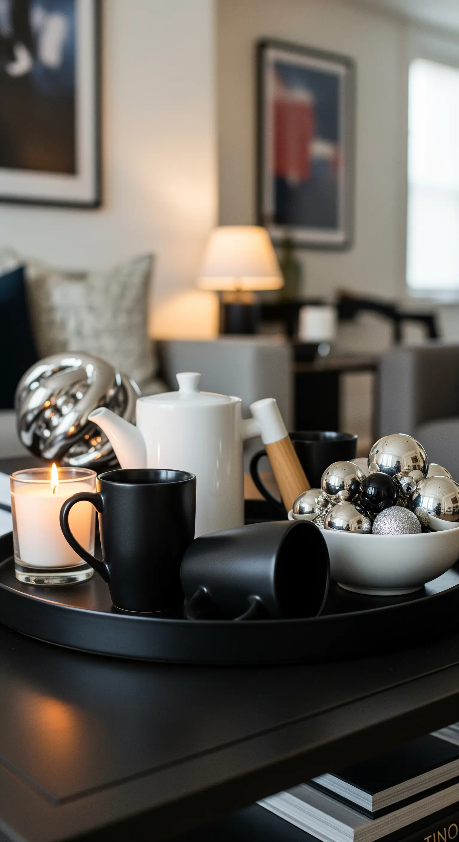 Couchtisch mit schwarzem Tablett, Tassen, Teekanne und festlichen Kugeln.