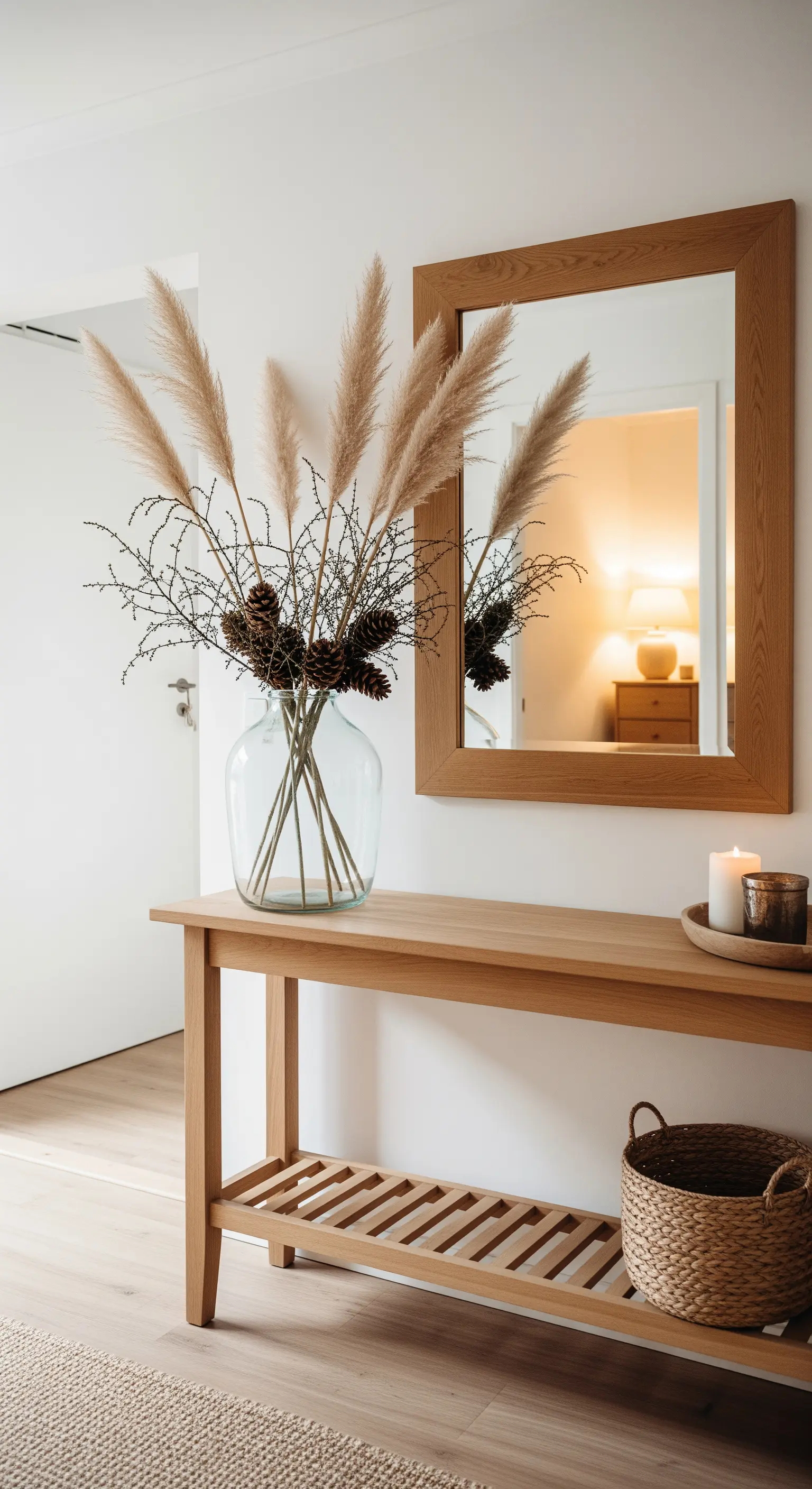 Eingangskonsole mit großem Pampasgrasstrauß, Tannenzapfen, Holzspiegel und Kerzen