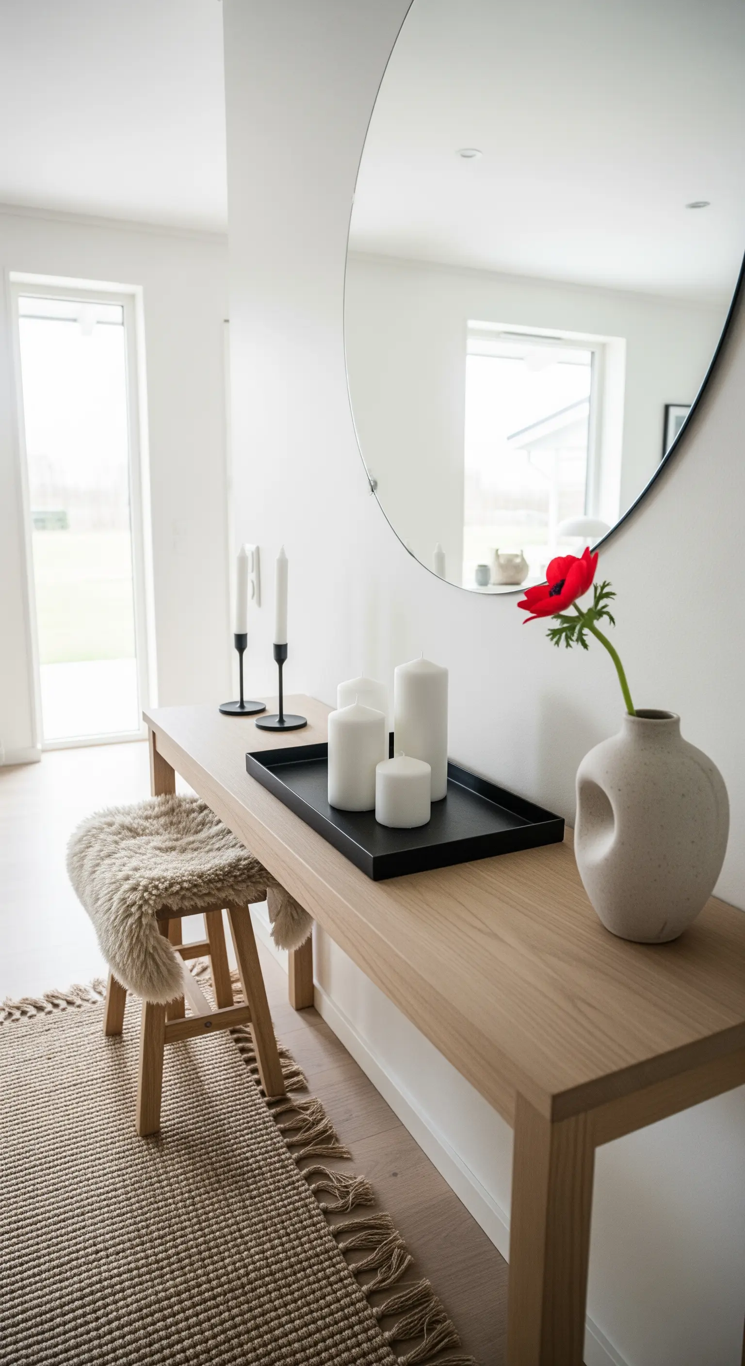 Eingangsbereich mit schmaler Holzkonsole, rundem Spiegel, Kerzen und roter Mohnblume.