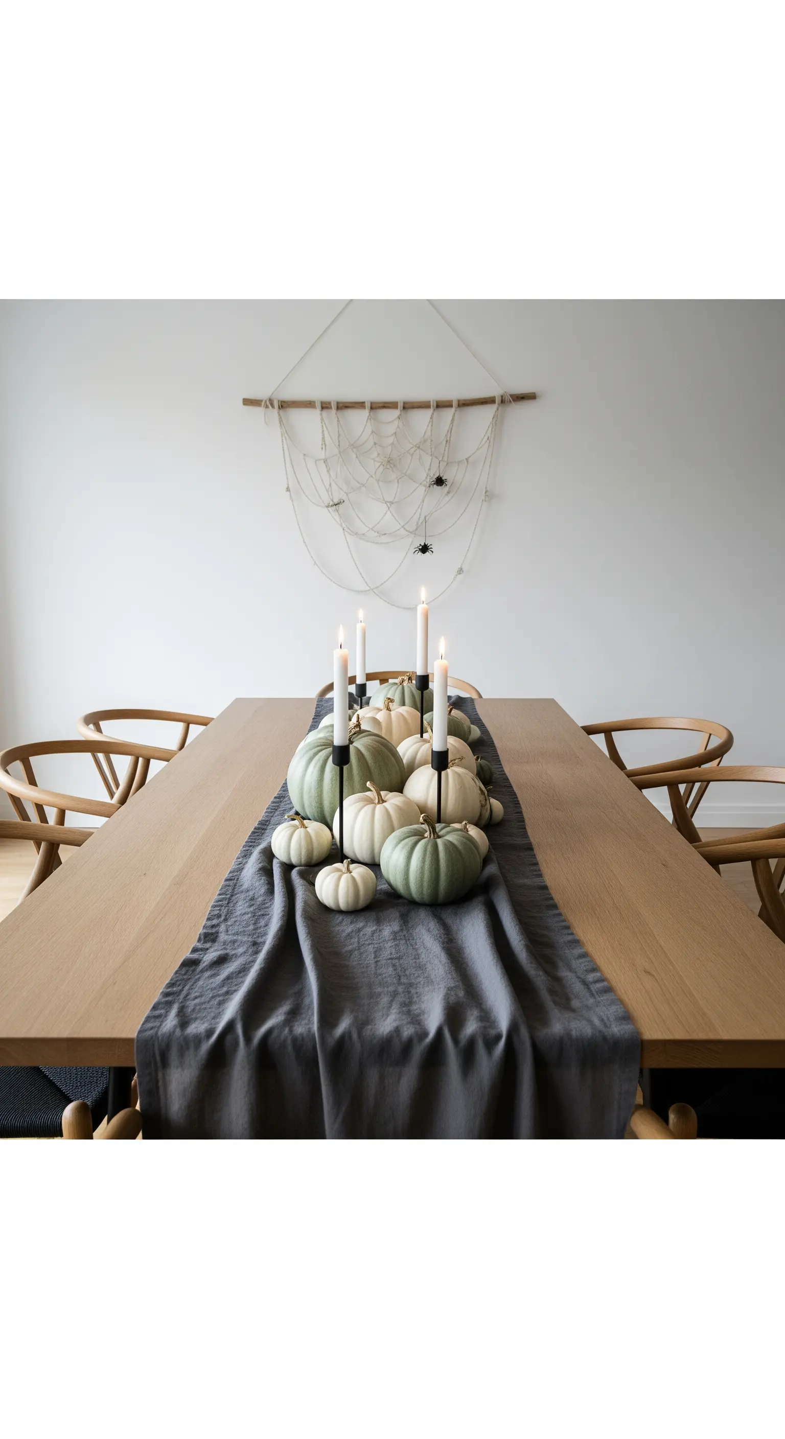 Esstisch mit grauem Läufer, pastellfarbenen Kürbissen, weißen Kerzen und Makramee-Spinnennetz.
