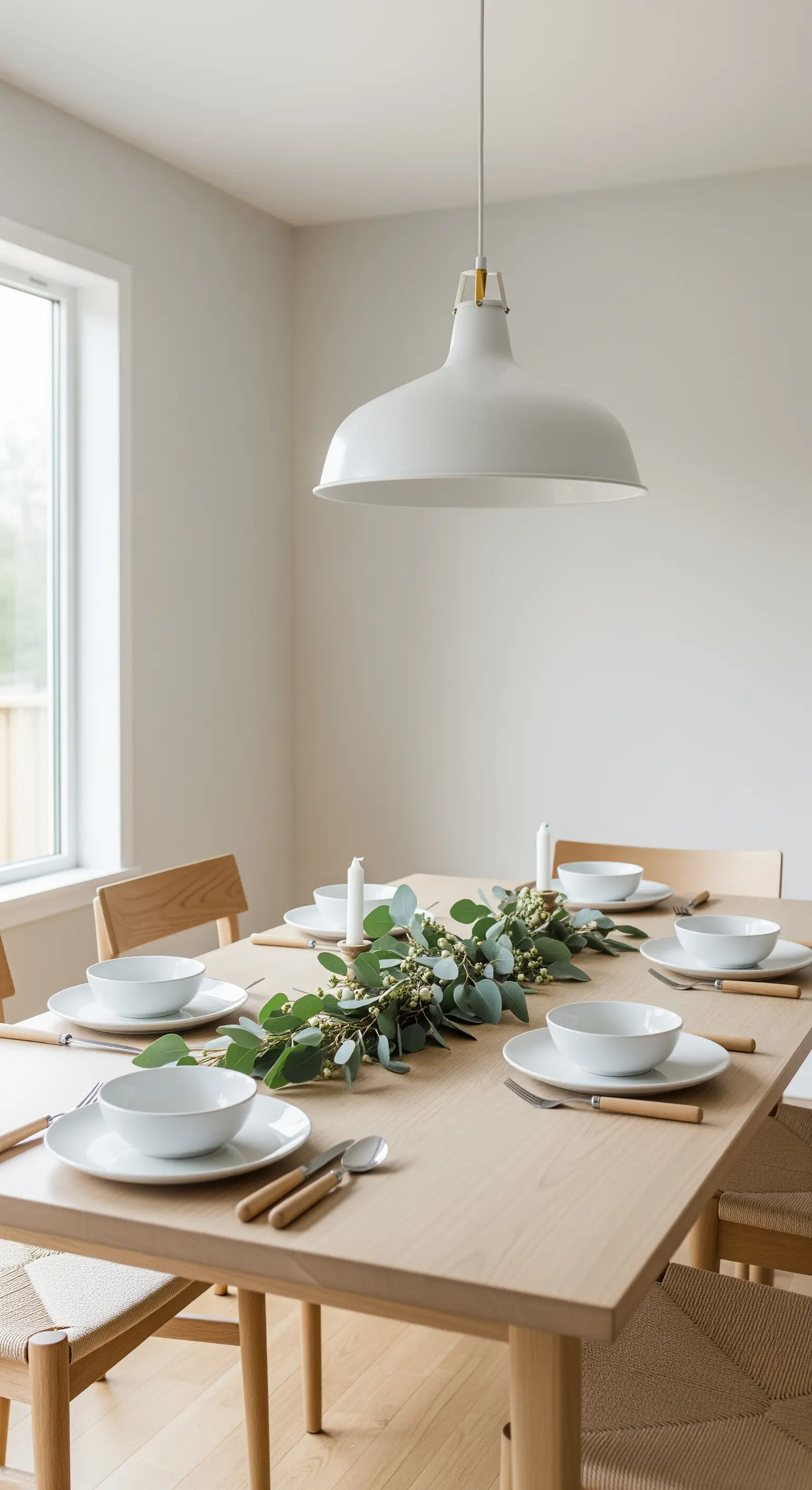 Esstisch mit Eukalyptus-Girlande und weißen Kerzen
