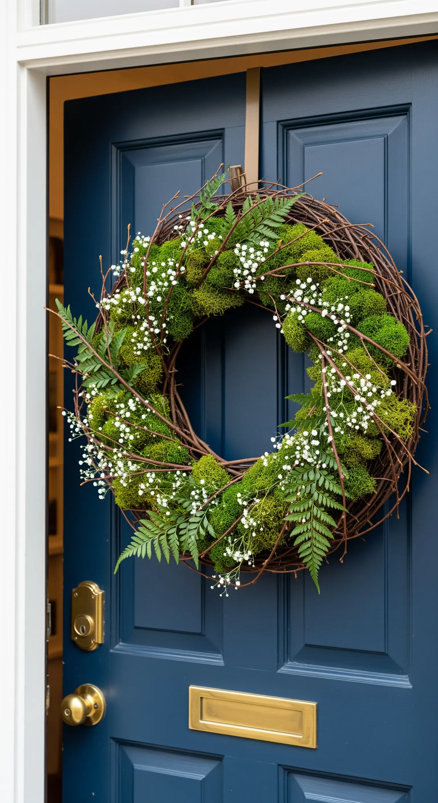 Farn-Mooskranz mit Schleierkraut auf eleganter marineblauer Tür