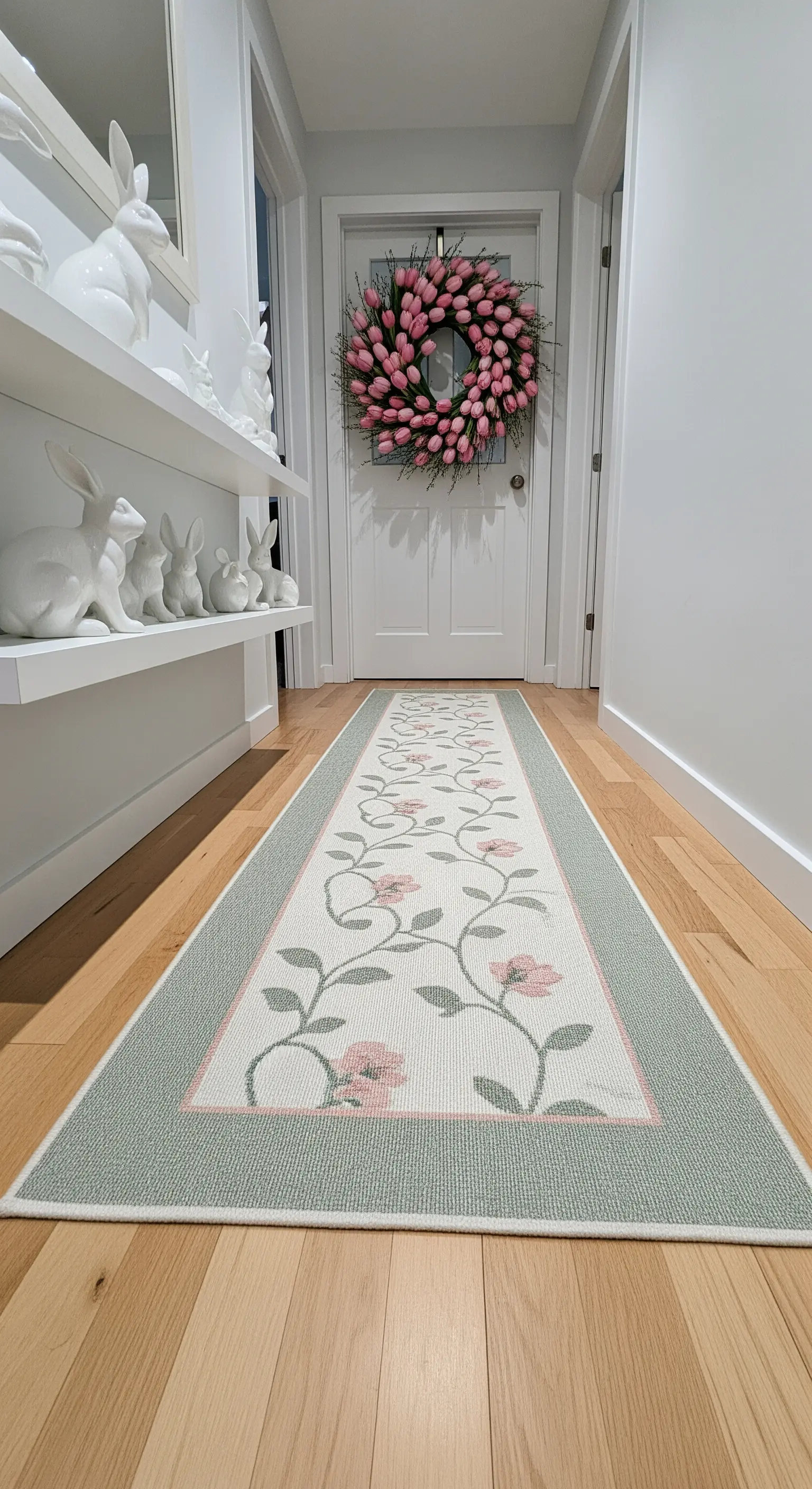 Schmaler Flur mit Blumenläufer, weißen Regalen, Keramikhasen und Tulpenkranz.