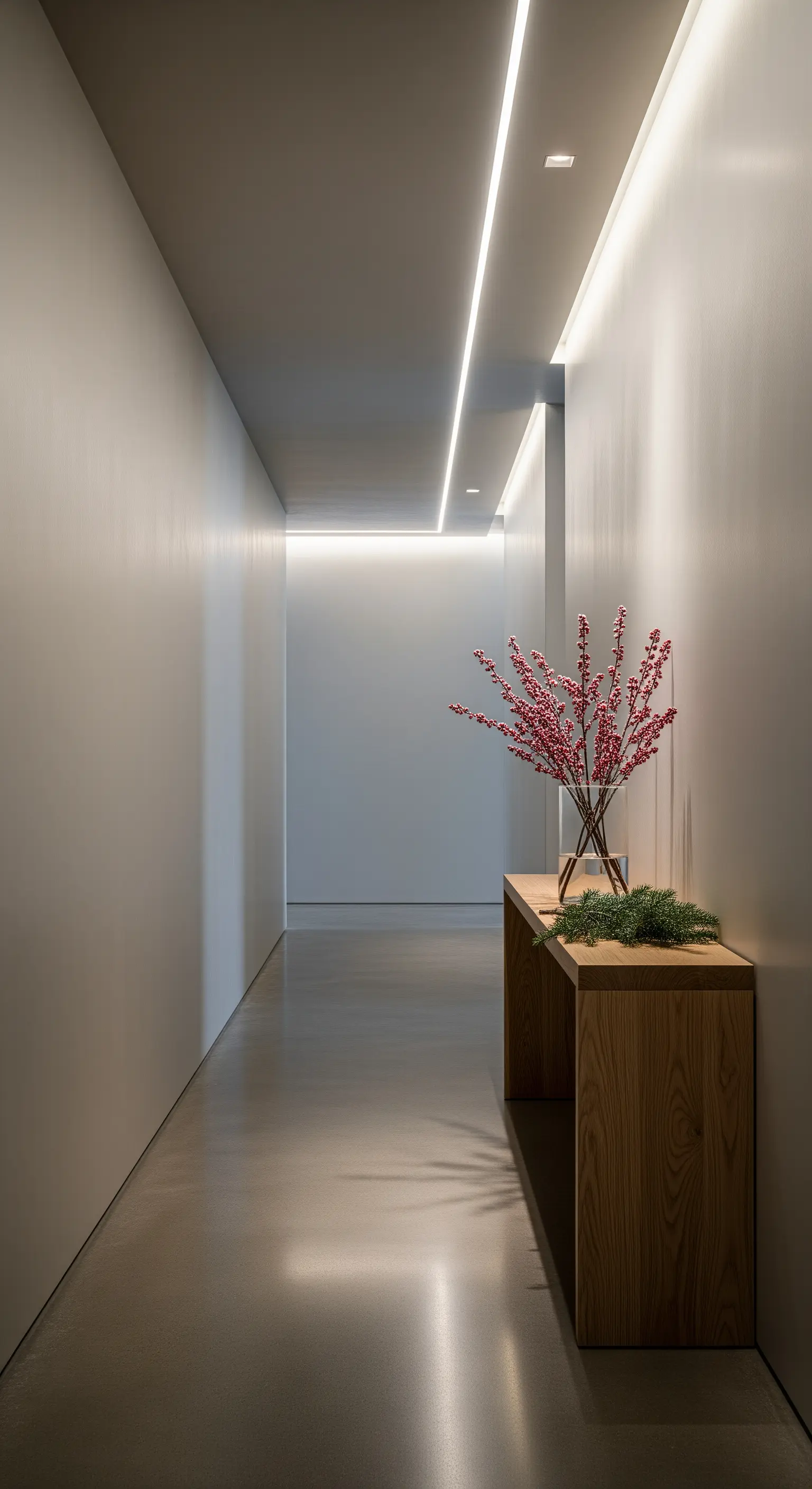 Minimalistischer Flur mit Konsole, Vase mit roten Zweigen und indirekter Beleuchtung.