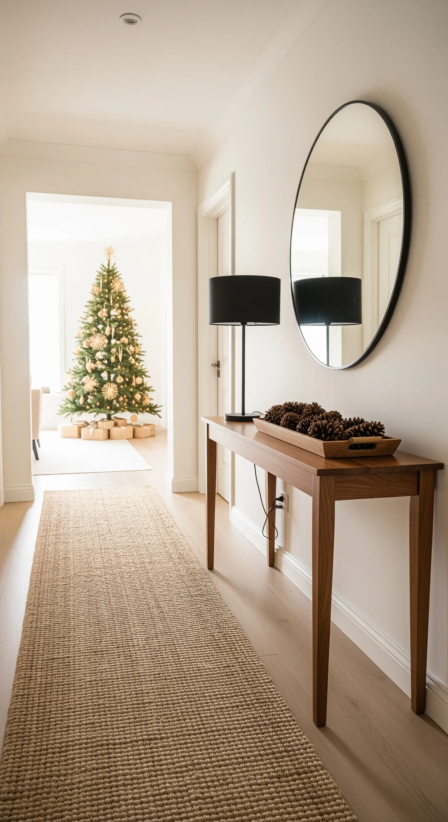 Flur mit Holzkonsole, Spiegel, Kiefernzapfen und Weihnachtsbaum im Hintergrund