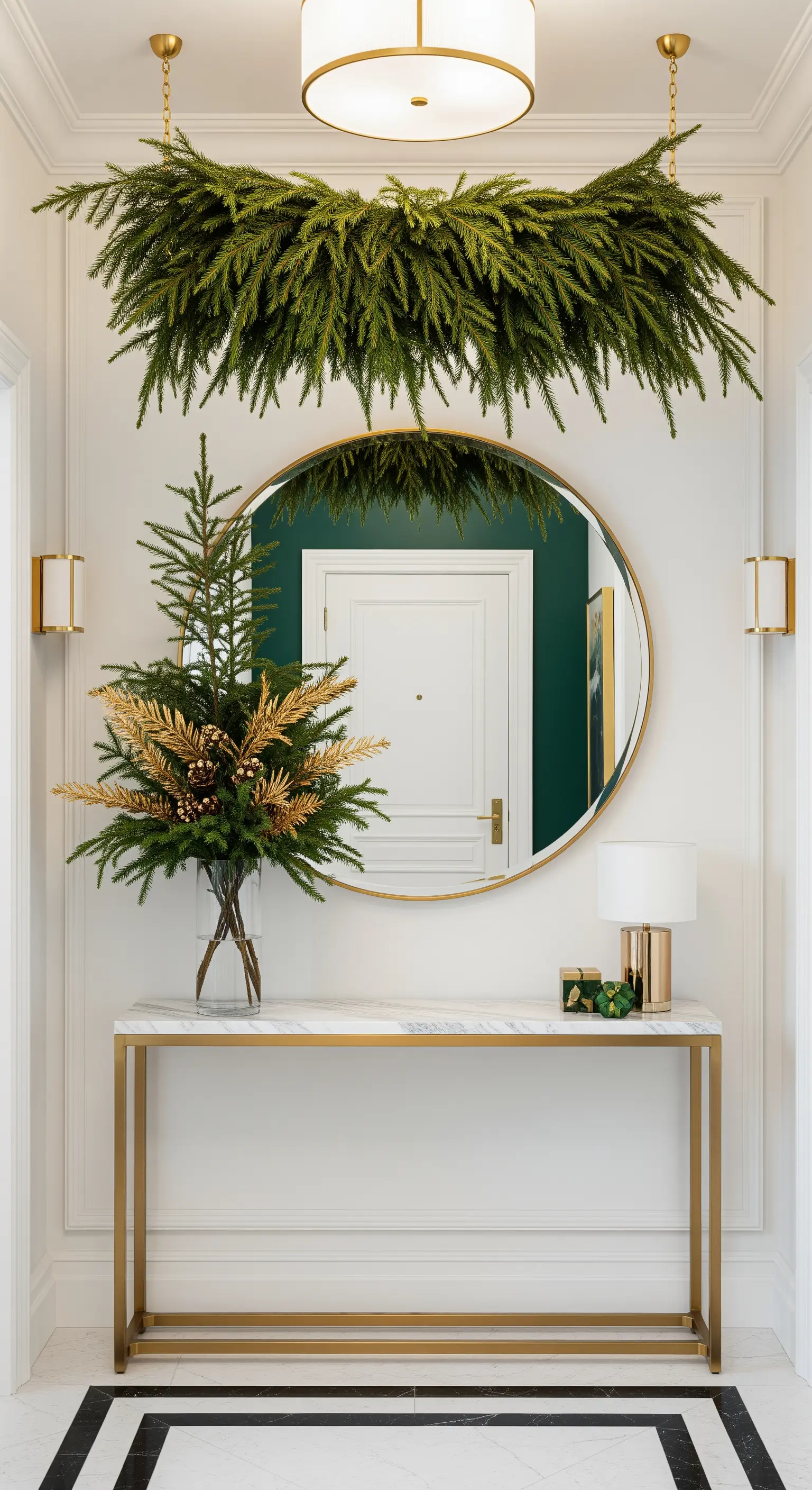 Eleganter Flur mit hängender Tannengirlande, rundem Spiegel und gold-grüner Dekoration.