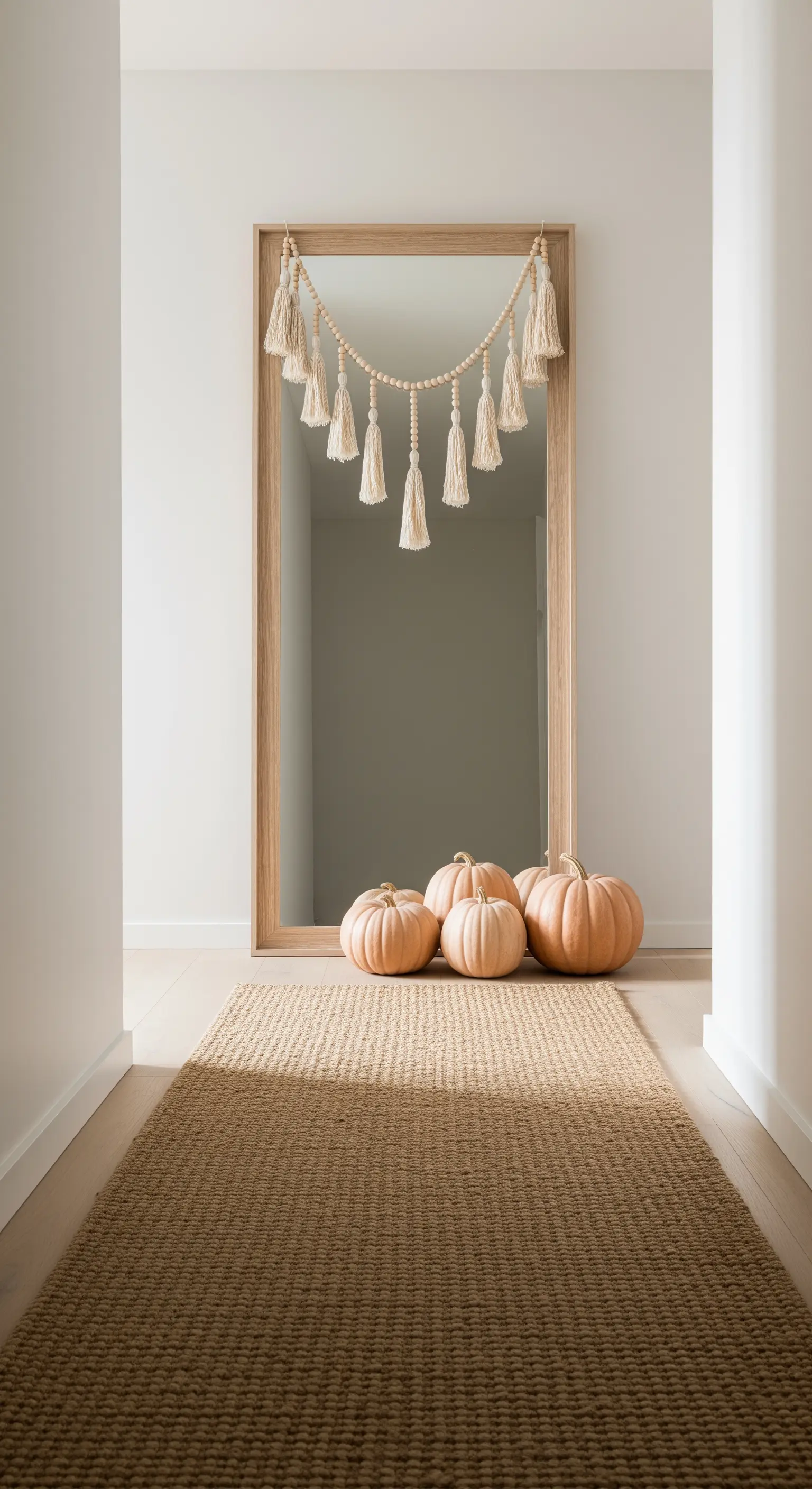 Flur mit großem Holzspiegel, Makramee-Girlande, beigen Kürbissen und Jute-Teppich.
