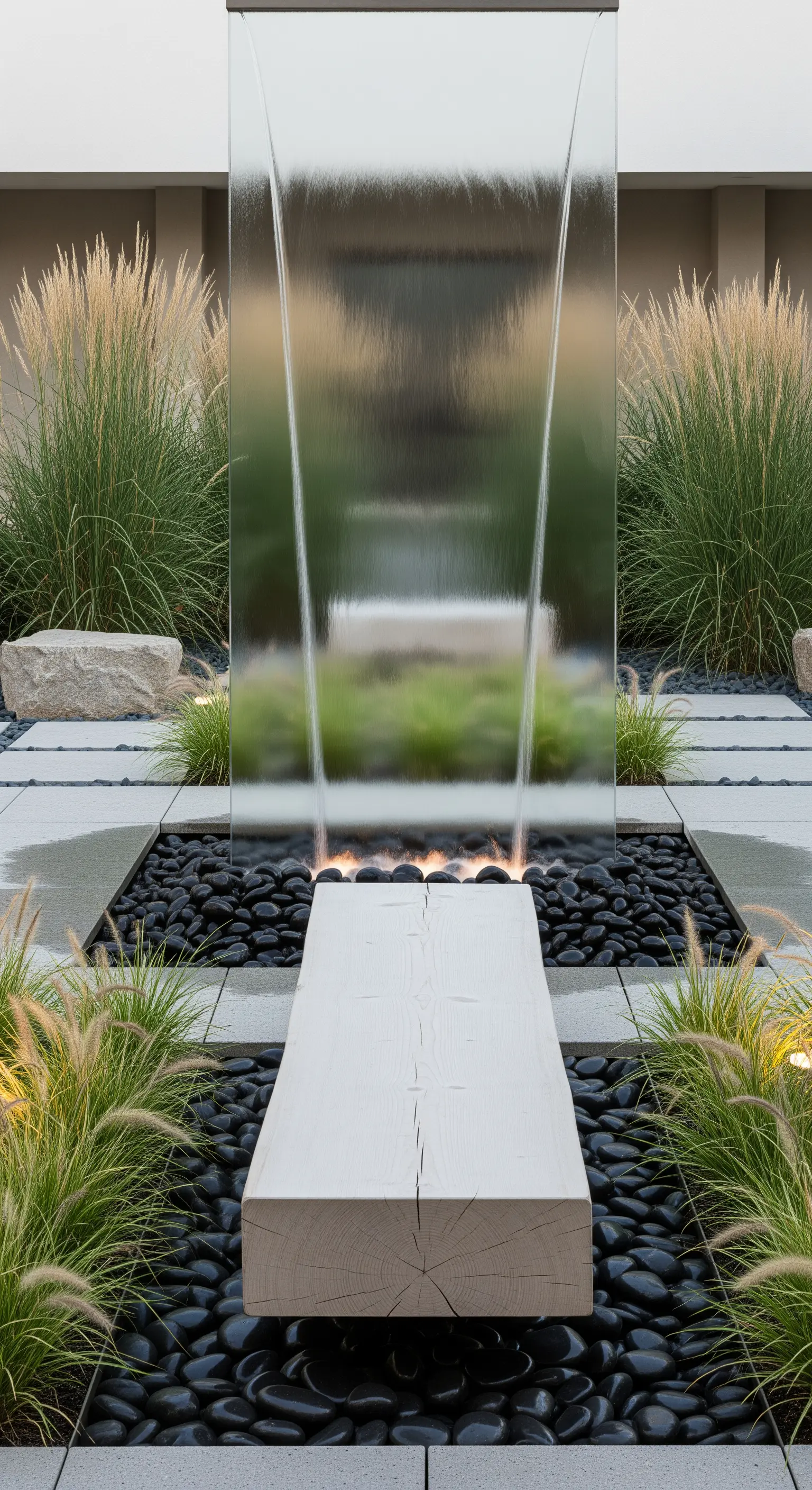 Glas-Wasserfall mit Holzbank und Ziergräsern
