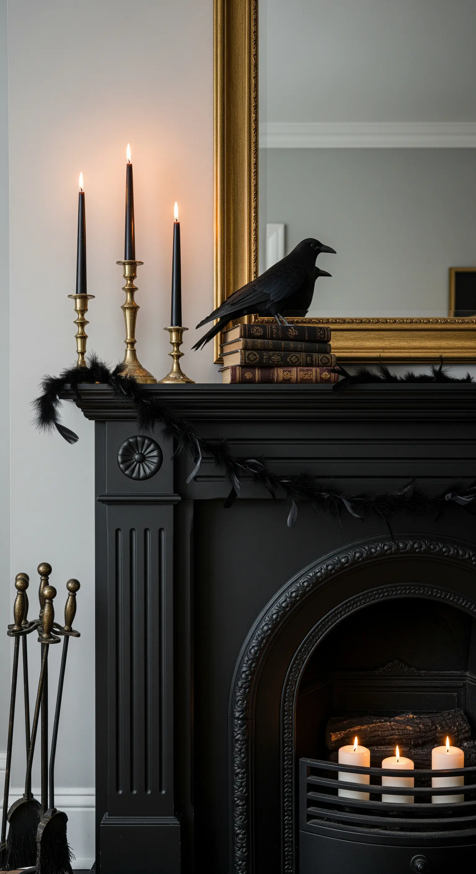 Elegante Halloween-Deko in Schwarz und Gold mit Raben, schwarzen Kerzen und einem Federnkranz.