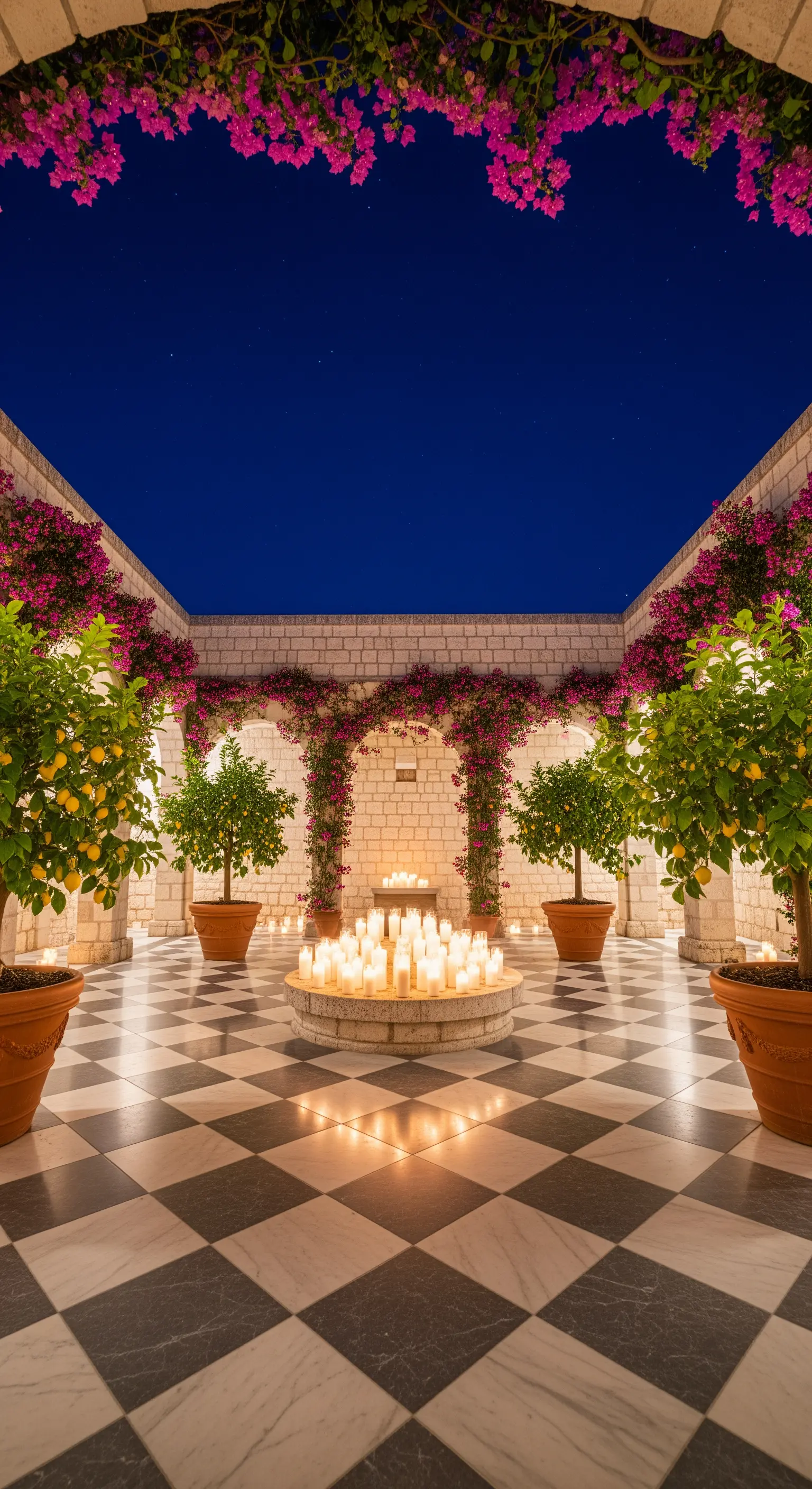 Innenhof mit Schachbrettboden, Kerzenmeer, Bougainvillea und Zitronenbäumen in Töpfen