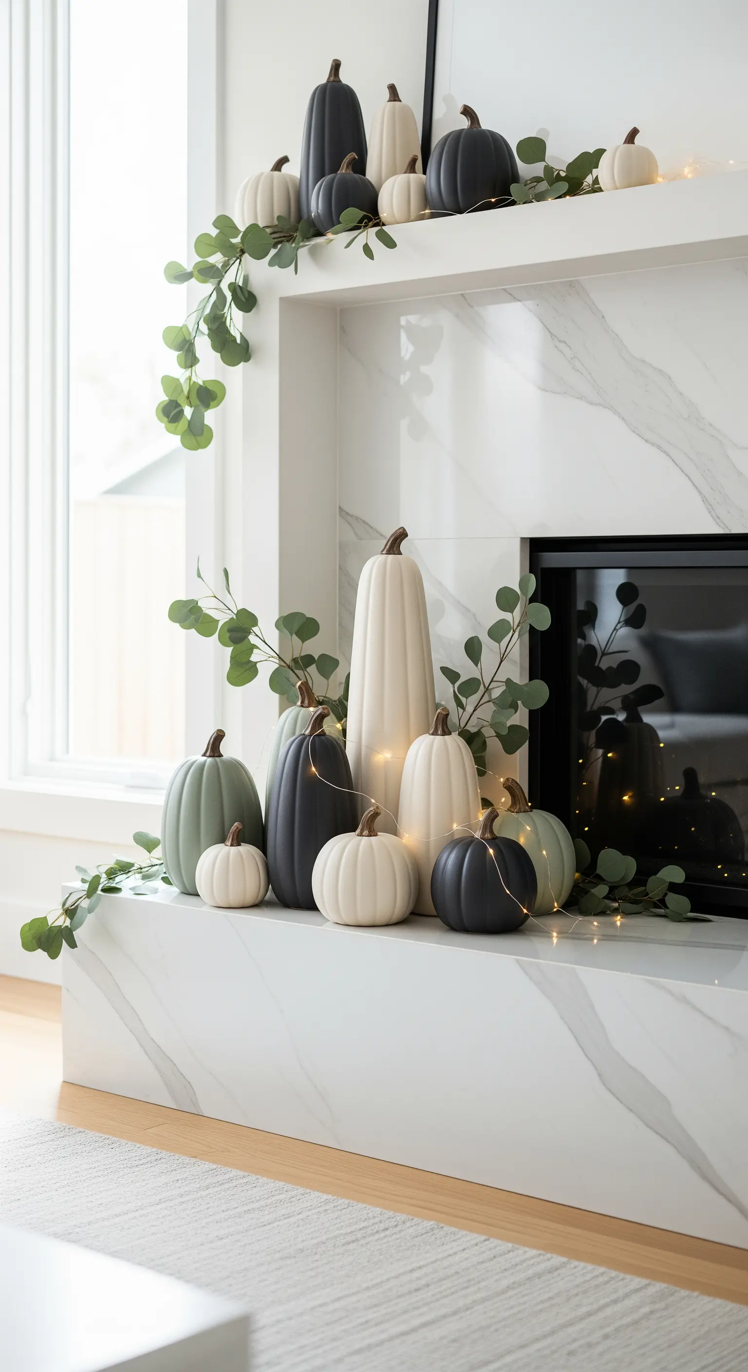 Moderner Kaminsims mit Keramikkürbissen in Schwarz, Weiß, Salbeigrün und Lichterkette.