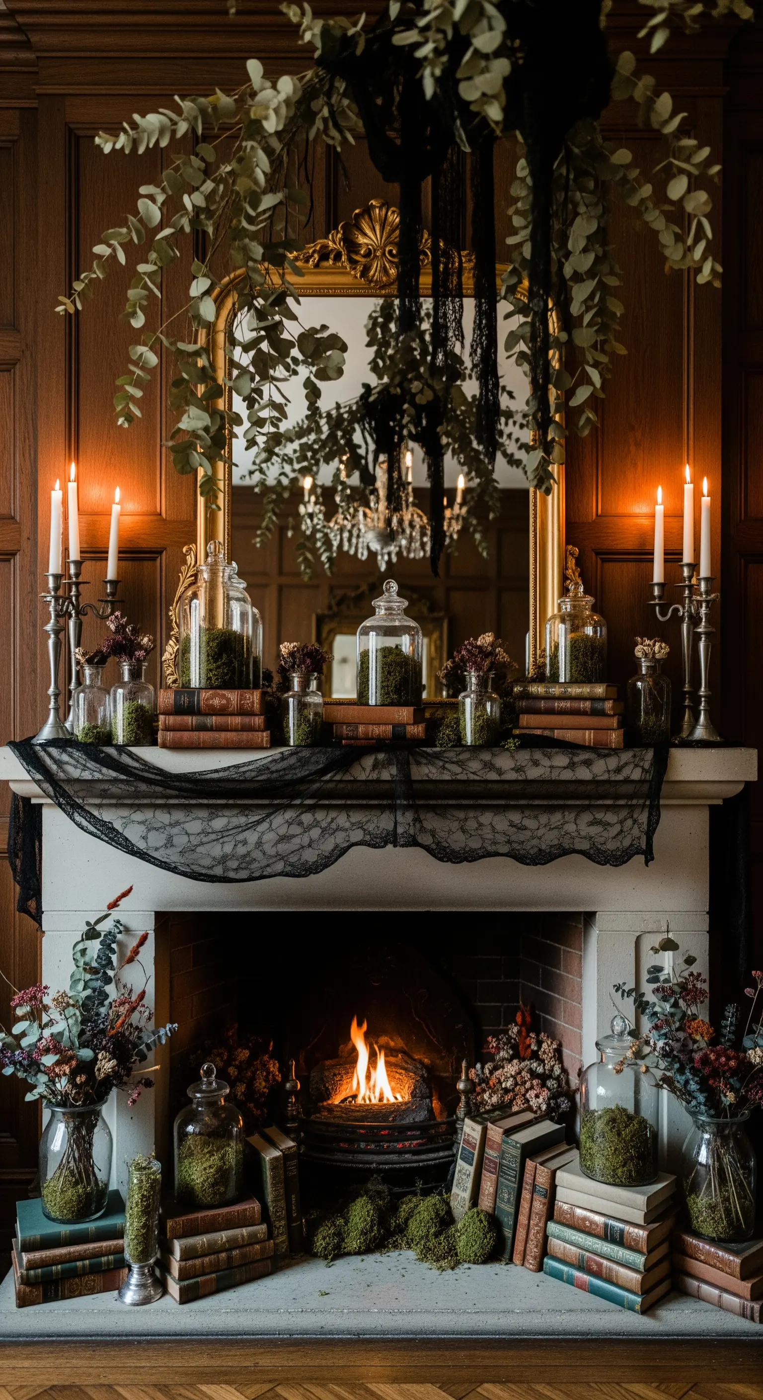 Kaminsims, Spiegel, Kerzen, Moos, Vintage-Bücher, schwarze Spitze, Halloween.