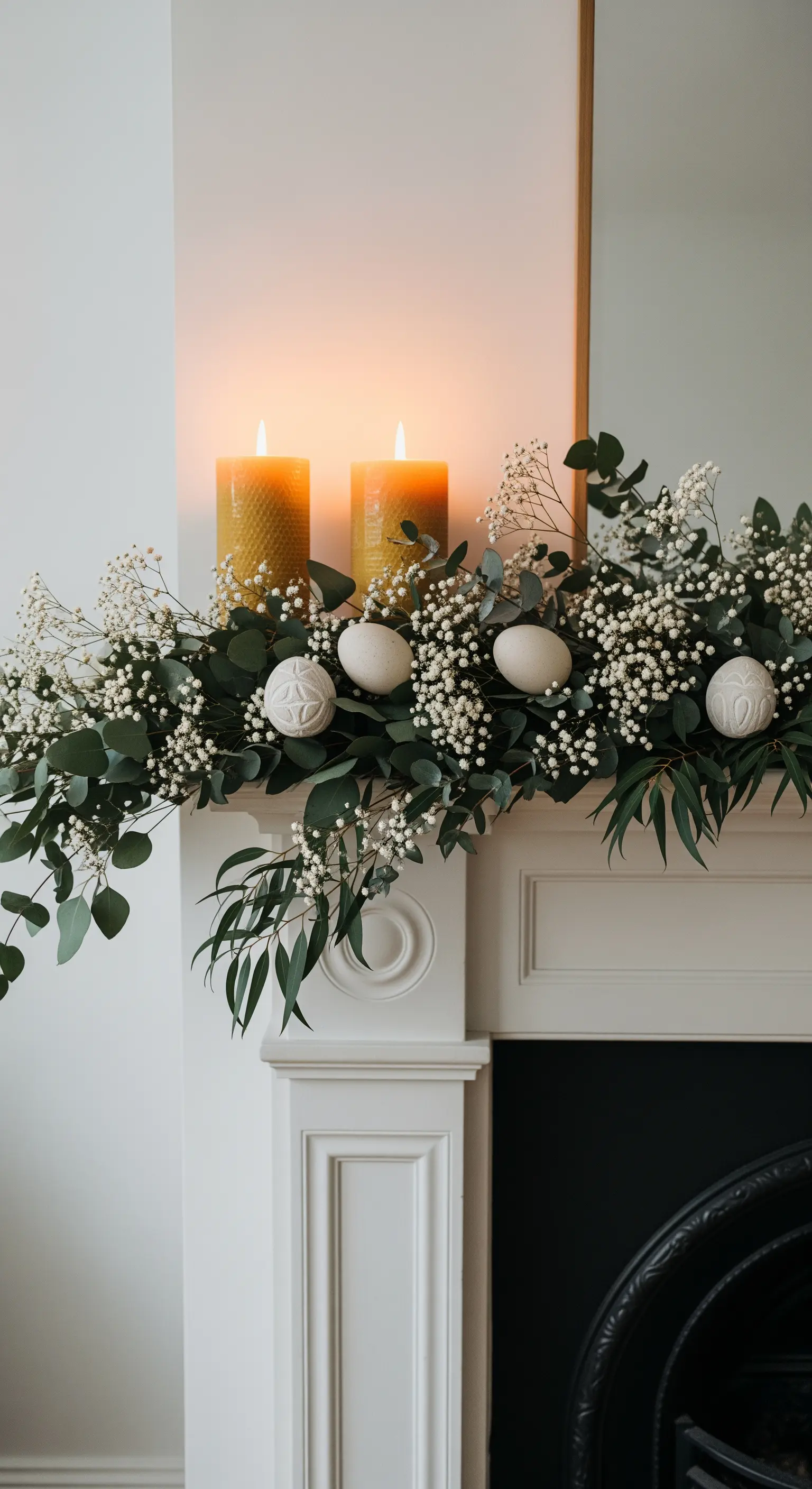 Kaminsims mit Eukalyptus-Girlande, Schleierkraut, Bienenwachskerzen und weißen Eiern