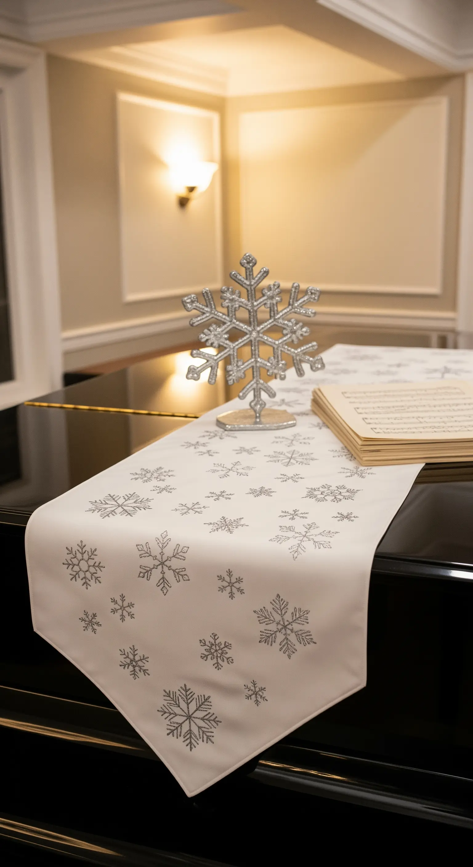 Klavier mit weißem Läufer und silbernen Schneeflocken-Motiven, Noten und Schneeflocken-Aufsteller