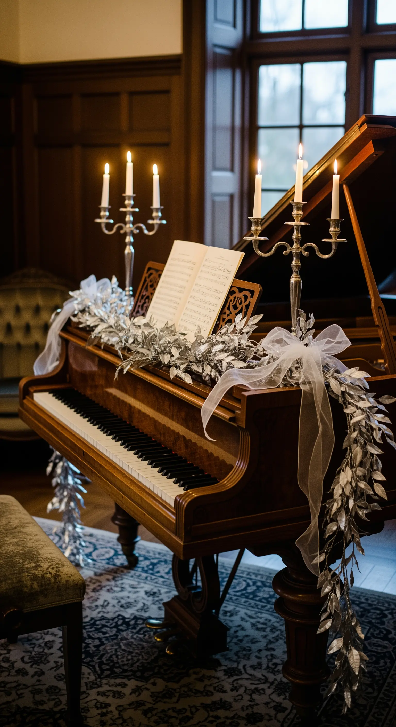Klavier mit eleganter silberner Blattgirlande, weißen Schleifen und Kerzenleuchtern