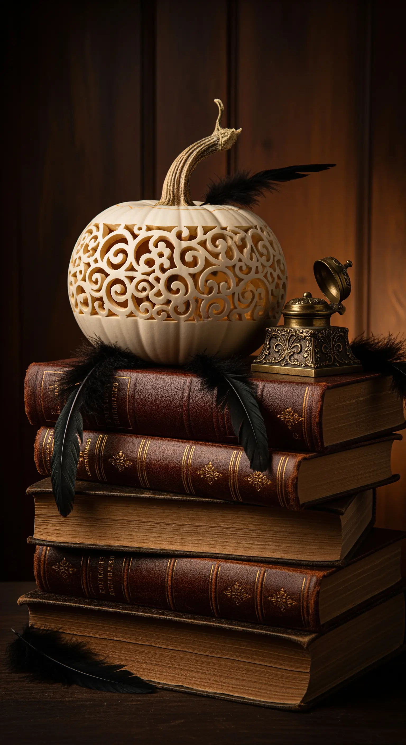 Bücherstapel, geschnitzter Kürbis, schwarze Federn, Grammophon, Vintage.