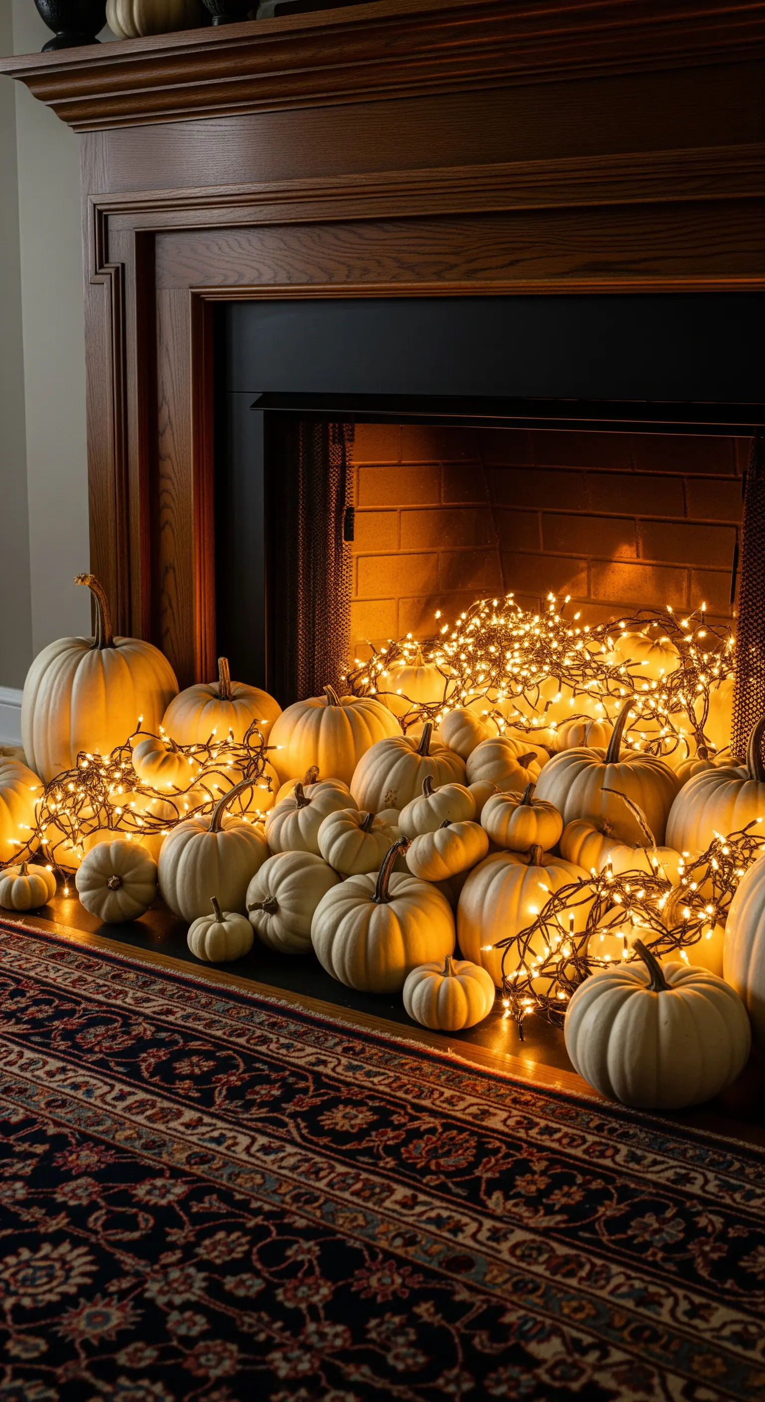 Halloween Kamin-Deko mit weißen Kürbissen in verschiedenen Größen und Lichterketten