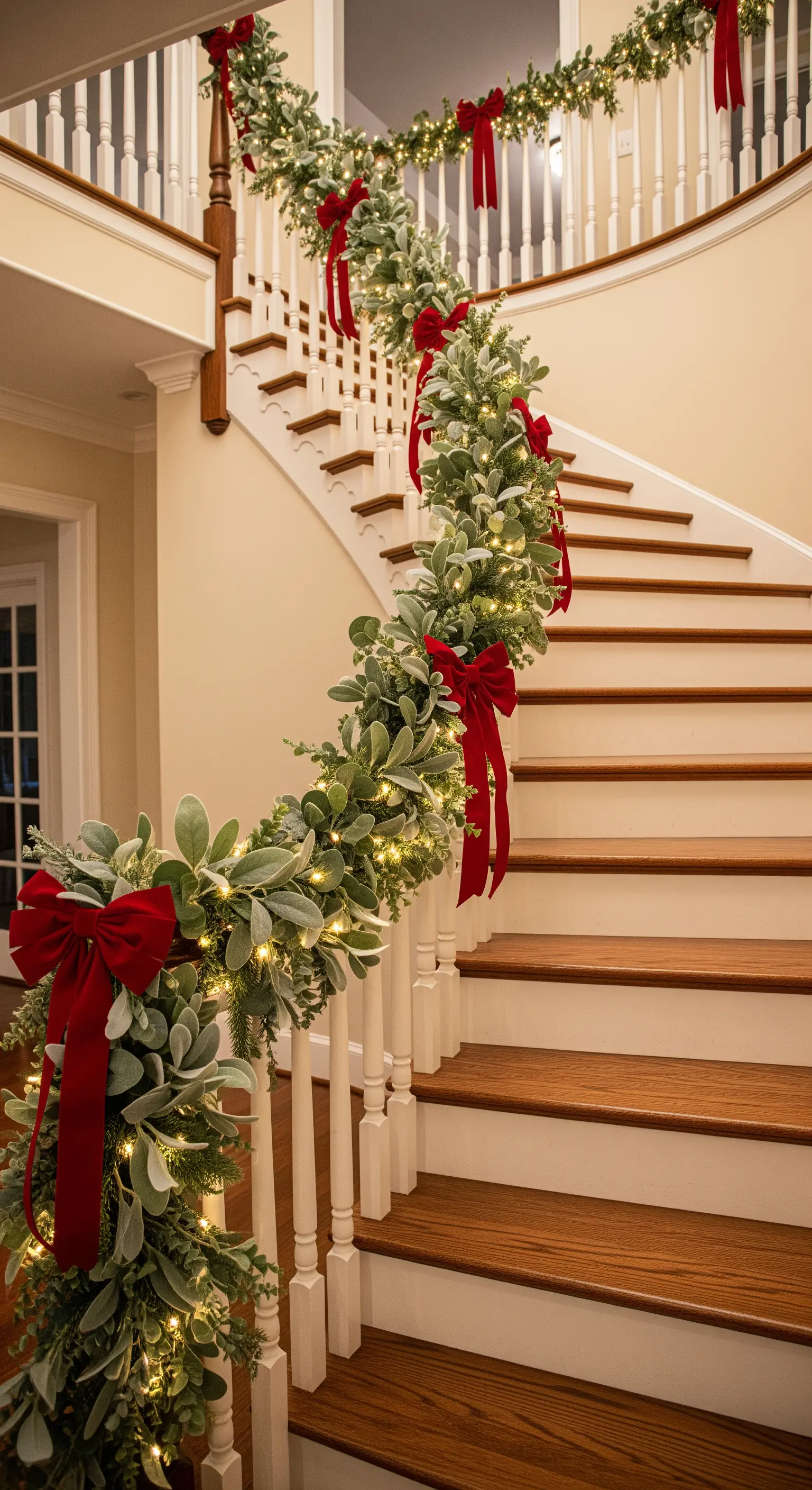 Ein Treppengeländer, das aufwendig mit einer grünen Girlande, Lichterketten und roten Schleifen geschmückt ist.