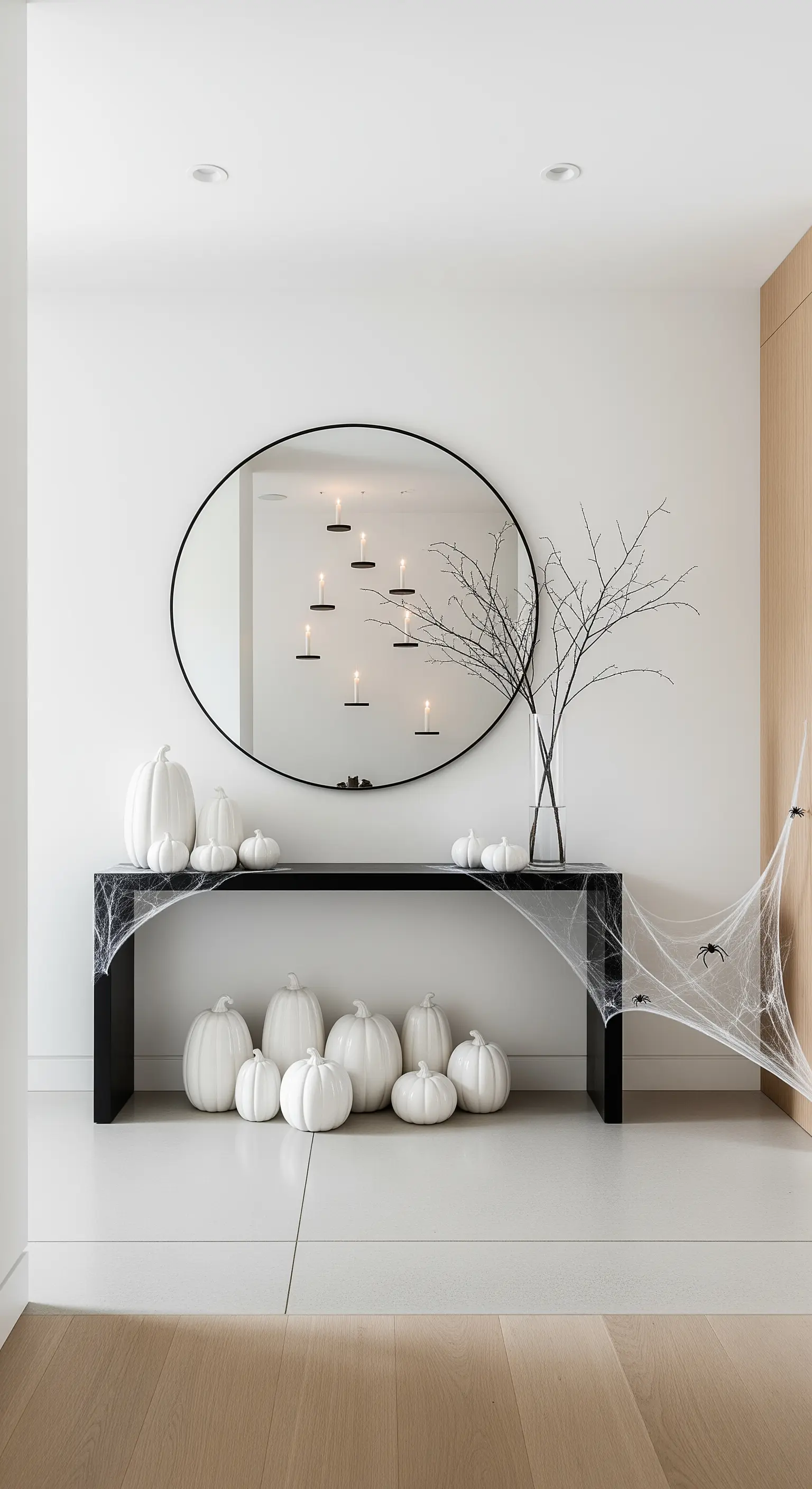Minimalistischer Eingangsbereich mit schwarzen Konsolentisch, weißen Kürbissen und Spiegel