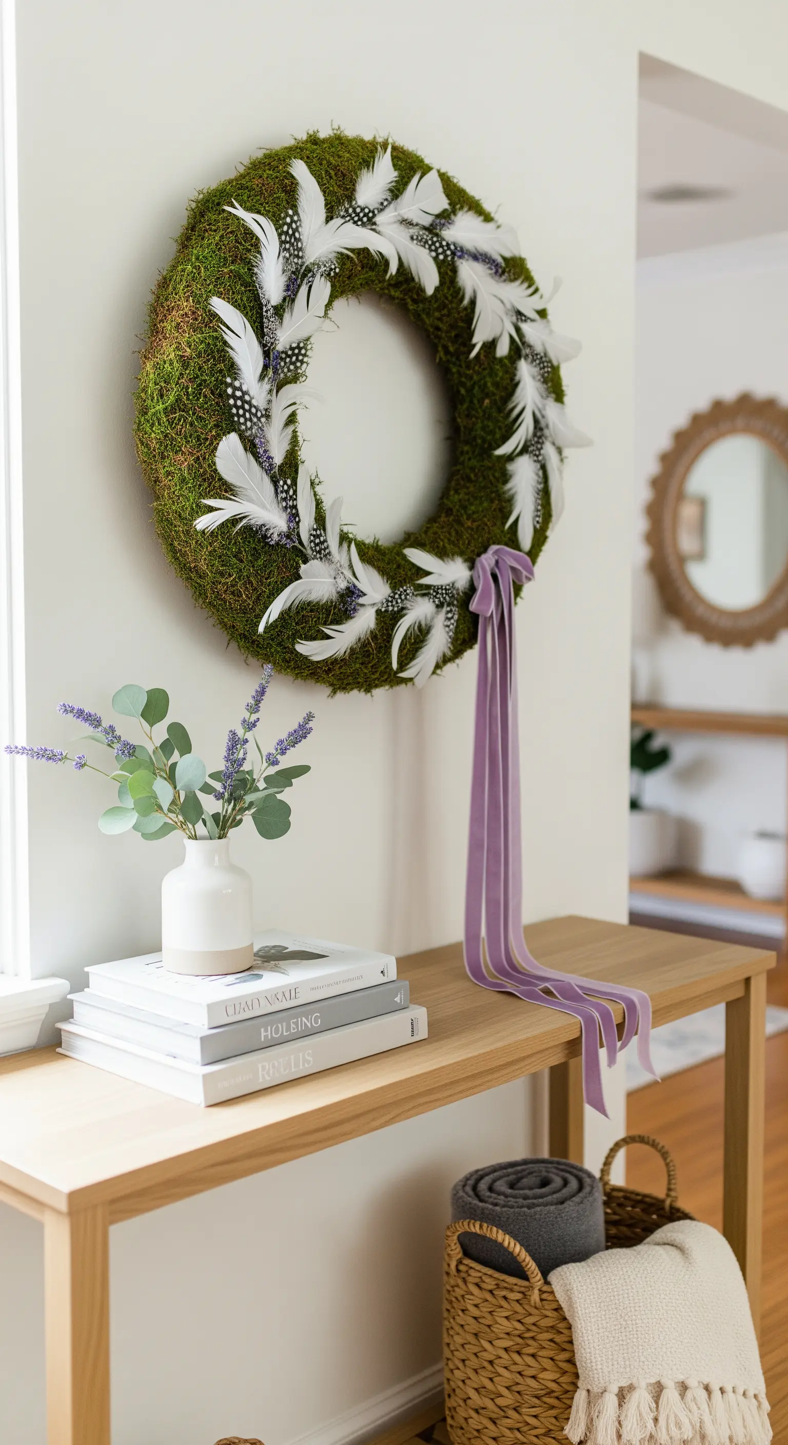 Mooskranz mit weißen Federn und violettem Samtband an einer weißen Wand