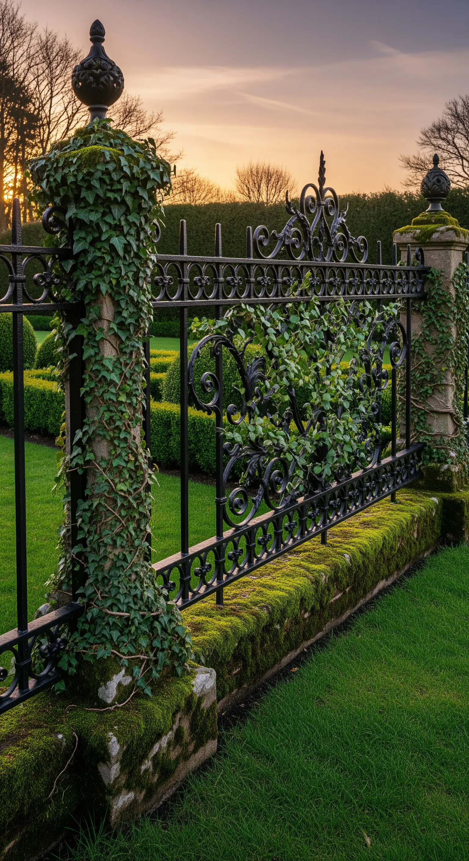 Schwarzer Schmiedeeisen-Zaun mit moosbewachsenen Steinsäulen und Efeu