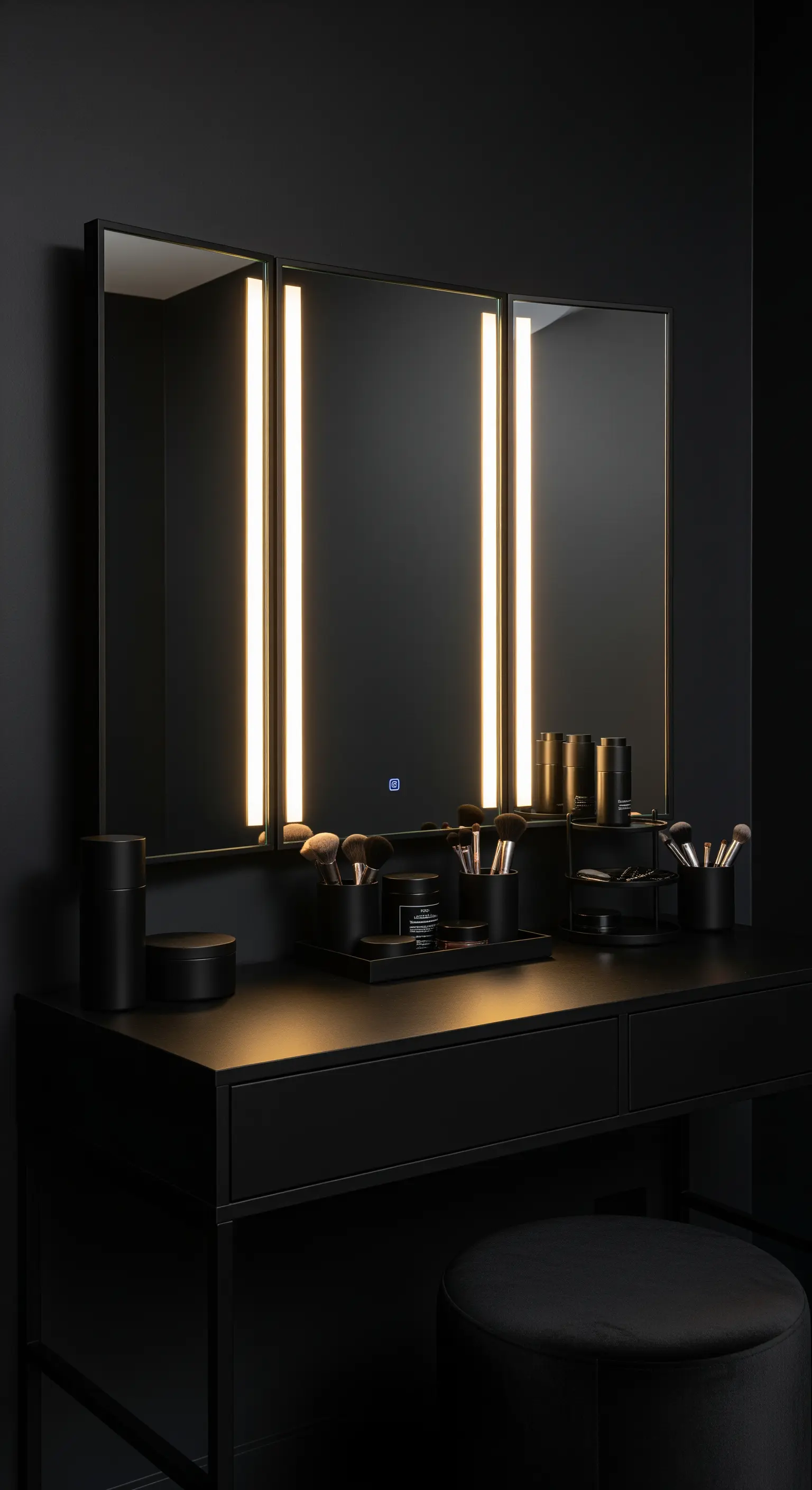 Schwarzer Schminktisch mit dreiteiligem LED-Spiegel und dunklen Accessoires