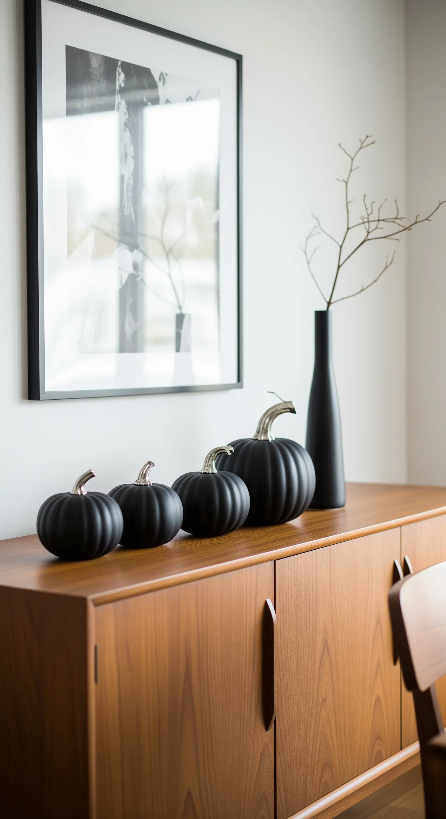 Sideboard mit schwarzen Kürbissen und schwarzer Vase