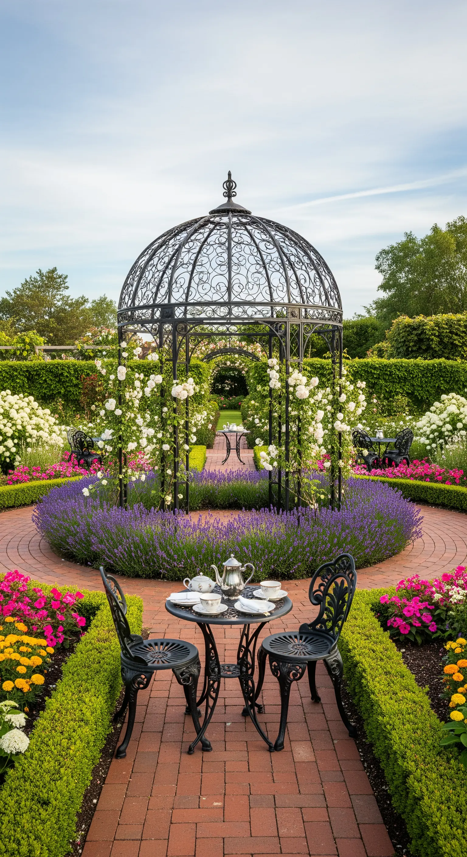 Gusseiserner Pavillon mit weißen Rosen, umgeben von Lavendel und Ziegelpfad