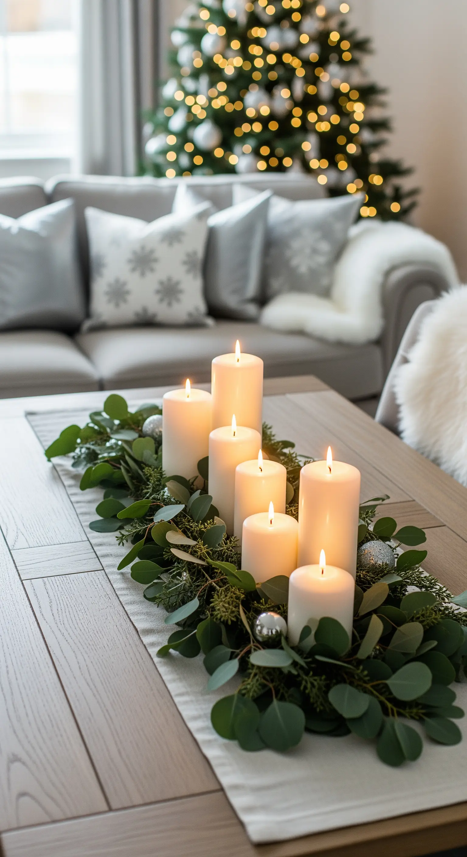 Eleganter Tischläufer mit Eukalyptus, Tannenzweigen, weißen Stumpenkerzen und silbernen Kugeln.