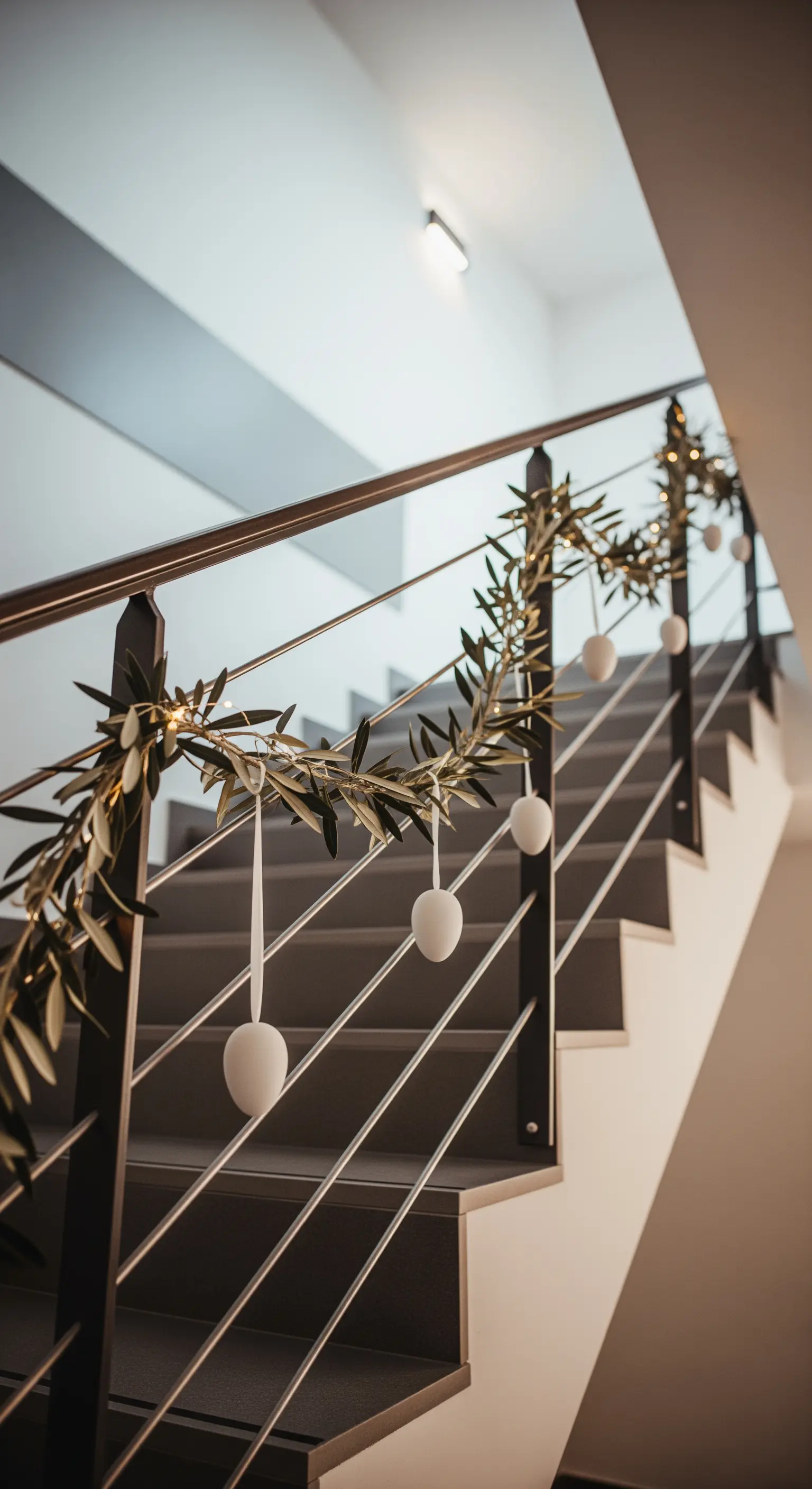 Treppengeländer mit Olivenzweig-Girlande, weißen Eiern und Lichterkette dekoriert