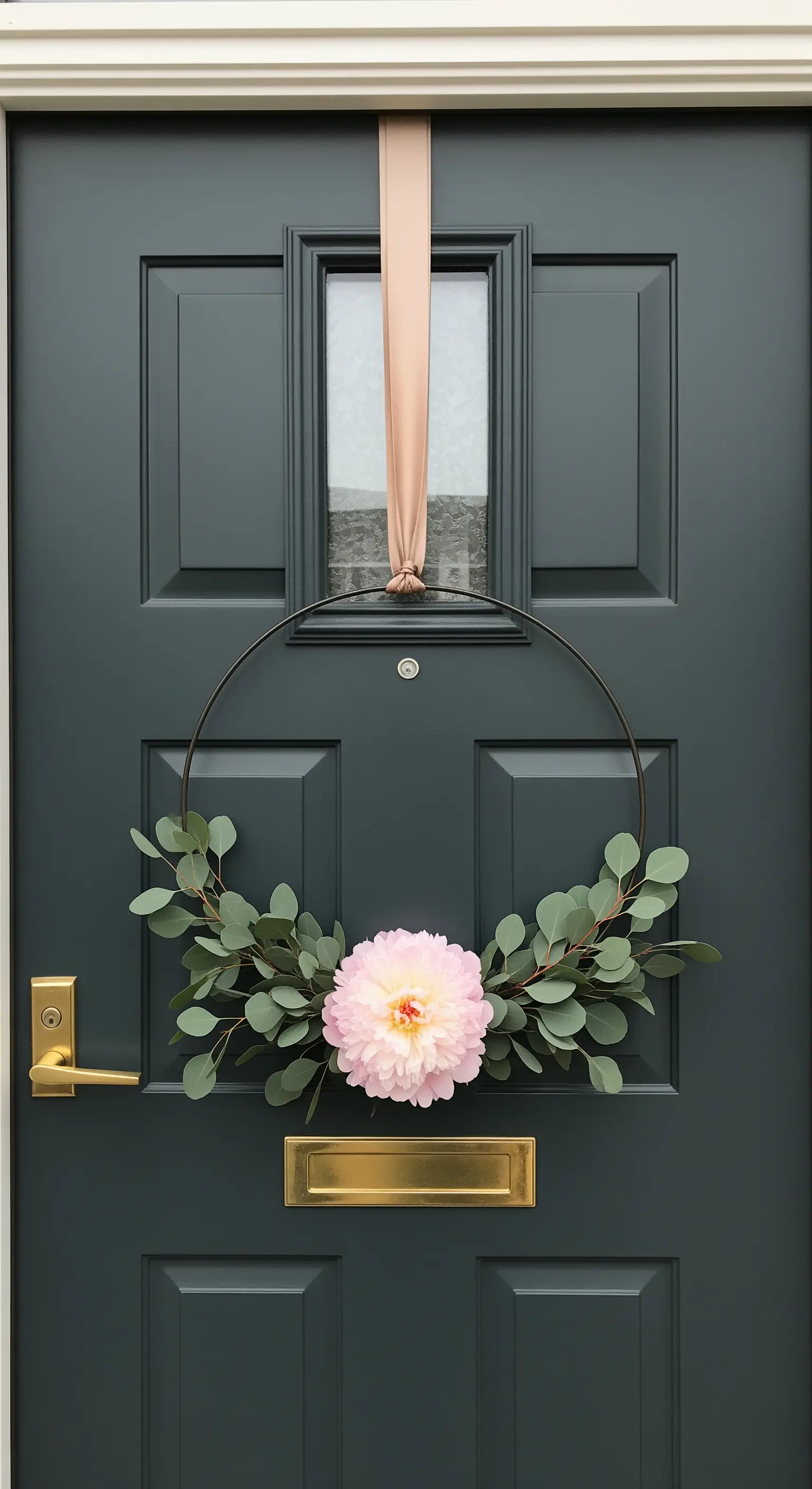Dunkelgrüne Haustür mit einem minimalistischen Kranz aus Eukalyptus, einer rosa Pfingstrose und einem Satinband.