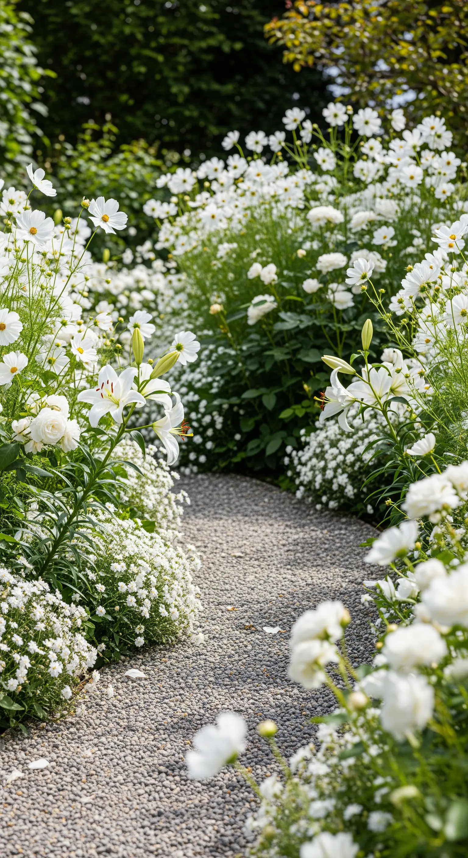 Kiesweg durch weisse Kosmeen, Lilien und Schleierkraut