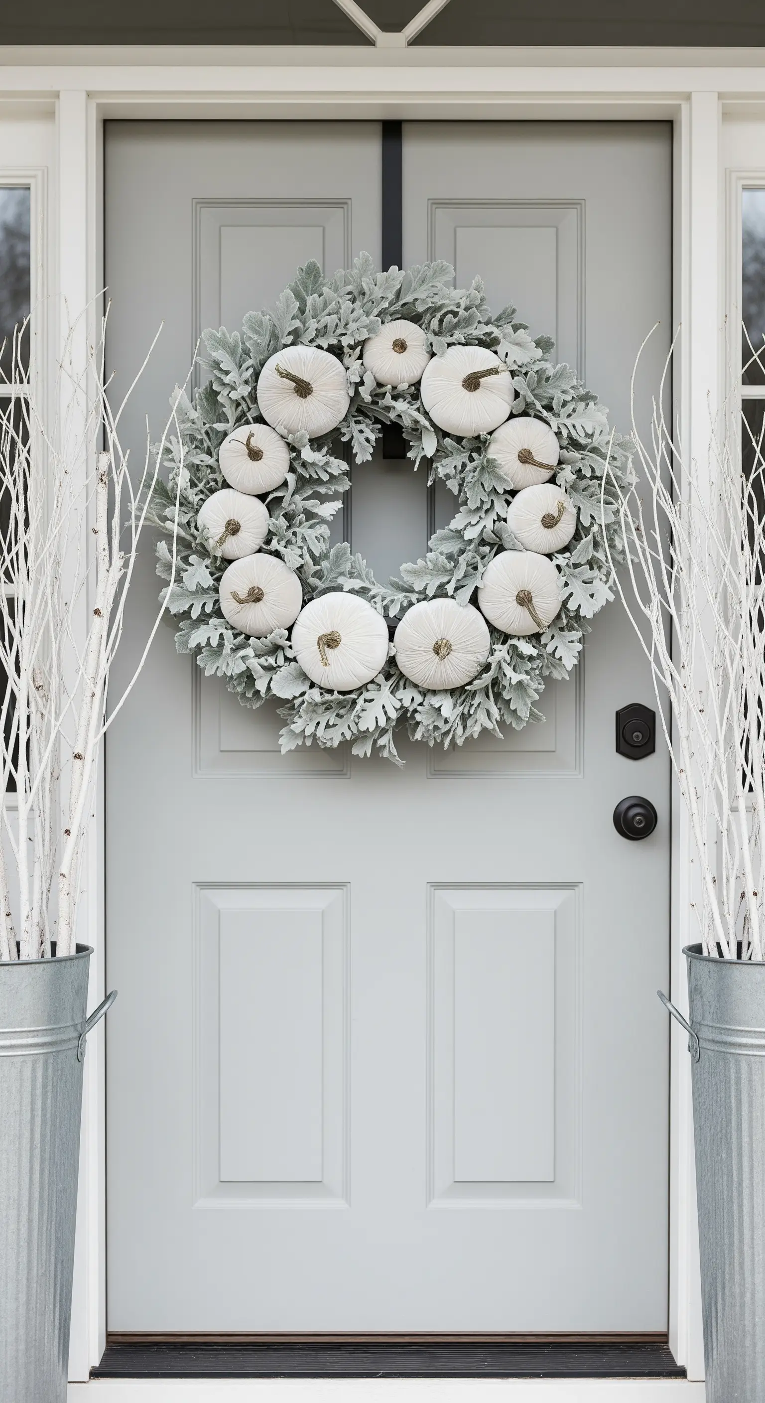 Hellgraue Tür mit Weiß-Grün-Kürbiskranz und Birkenzweigen in Zinkeimern