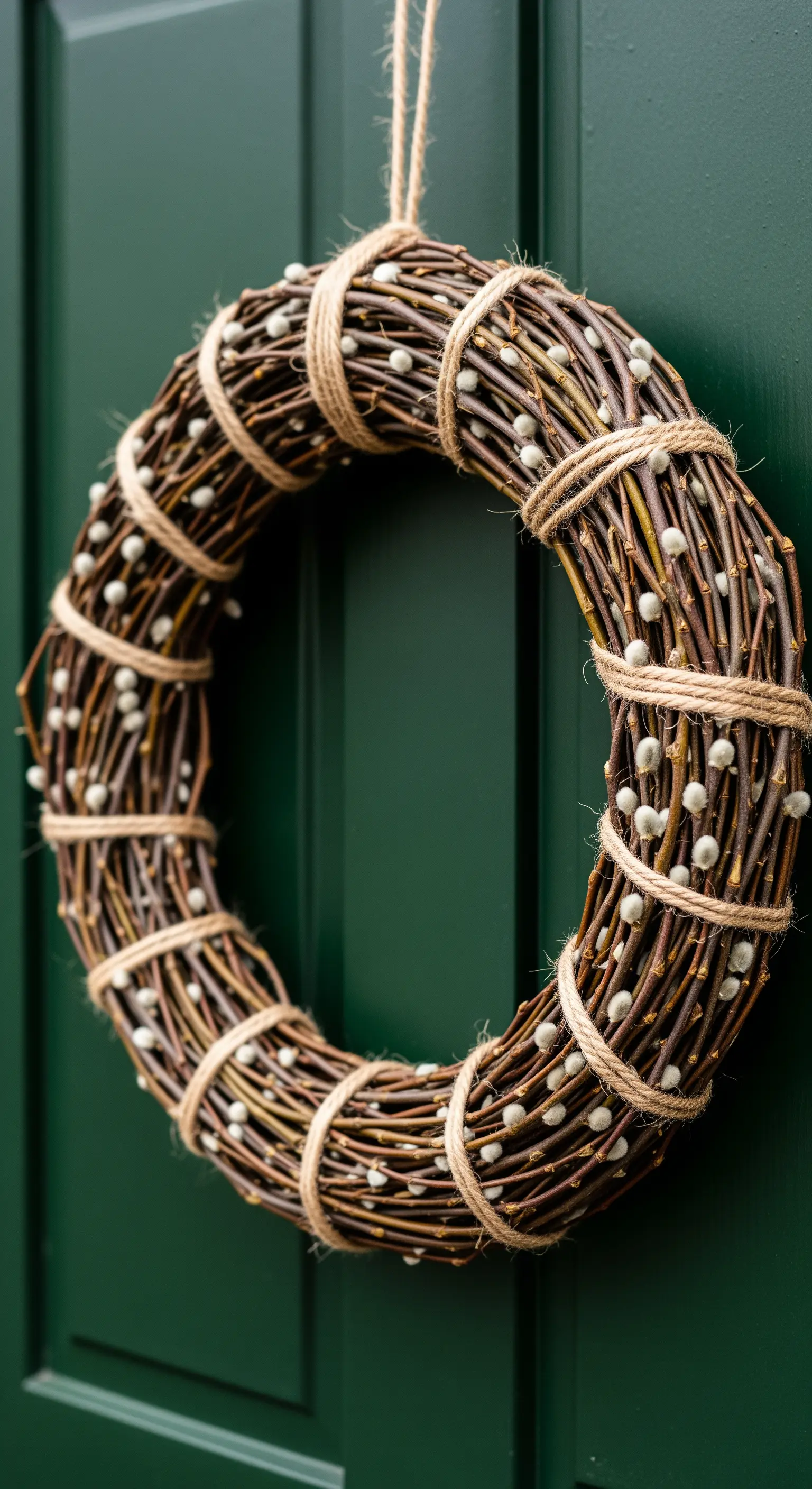 Weidenkranz mit Weidenkätzchen und Juteschnur an einer dunkelgrünen Tür.