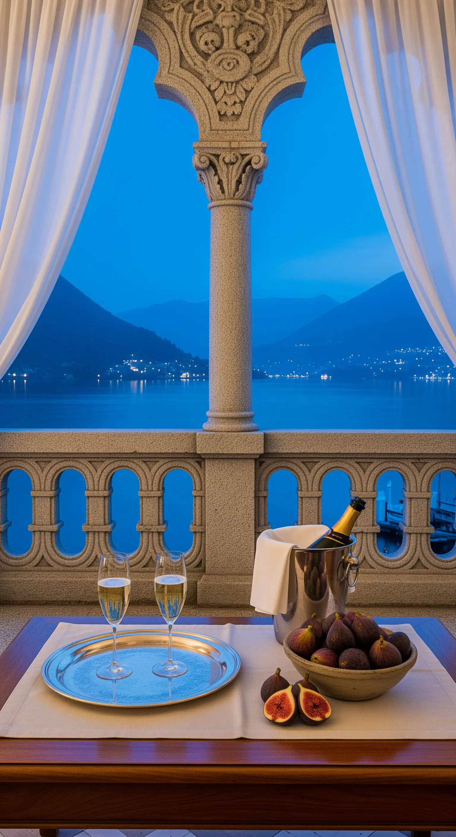 Balkon mit Seeblick, Champagner, Feigen und weichen Vorhängen bei Abenddämmerung