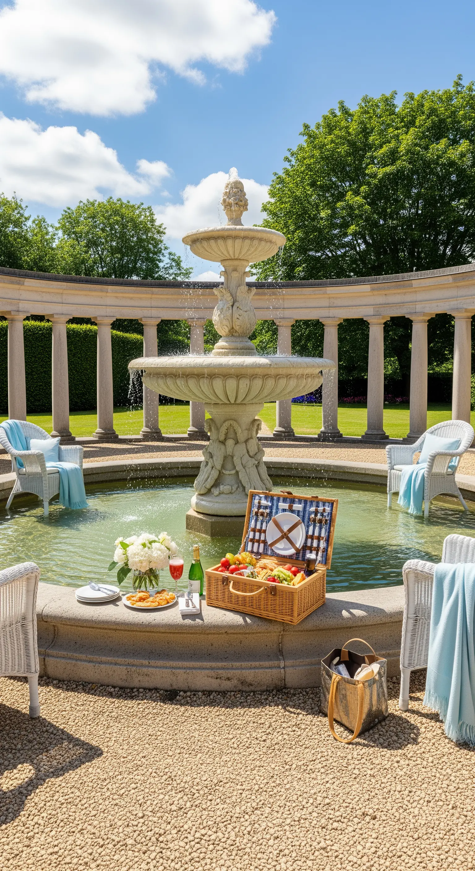 Picknick am Brunnen mit weißen Korbstühlen, blauen Decken und Picknickkorb.