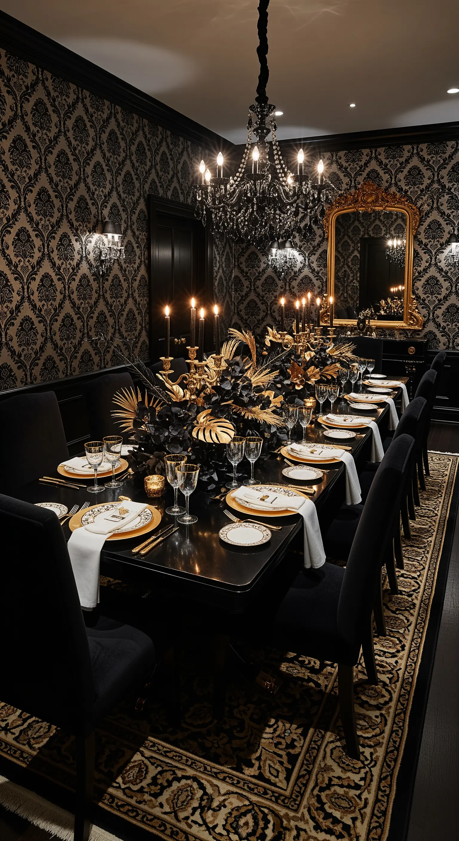 Schwarzes Esszimmer mit Gold-Deko und opulentem Kronleuchter