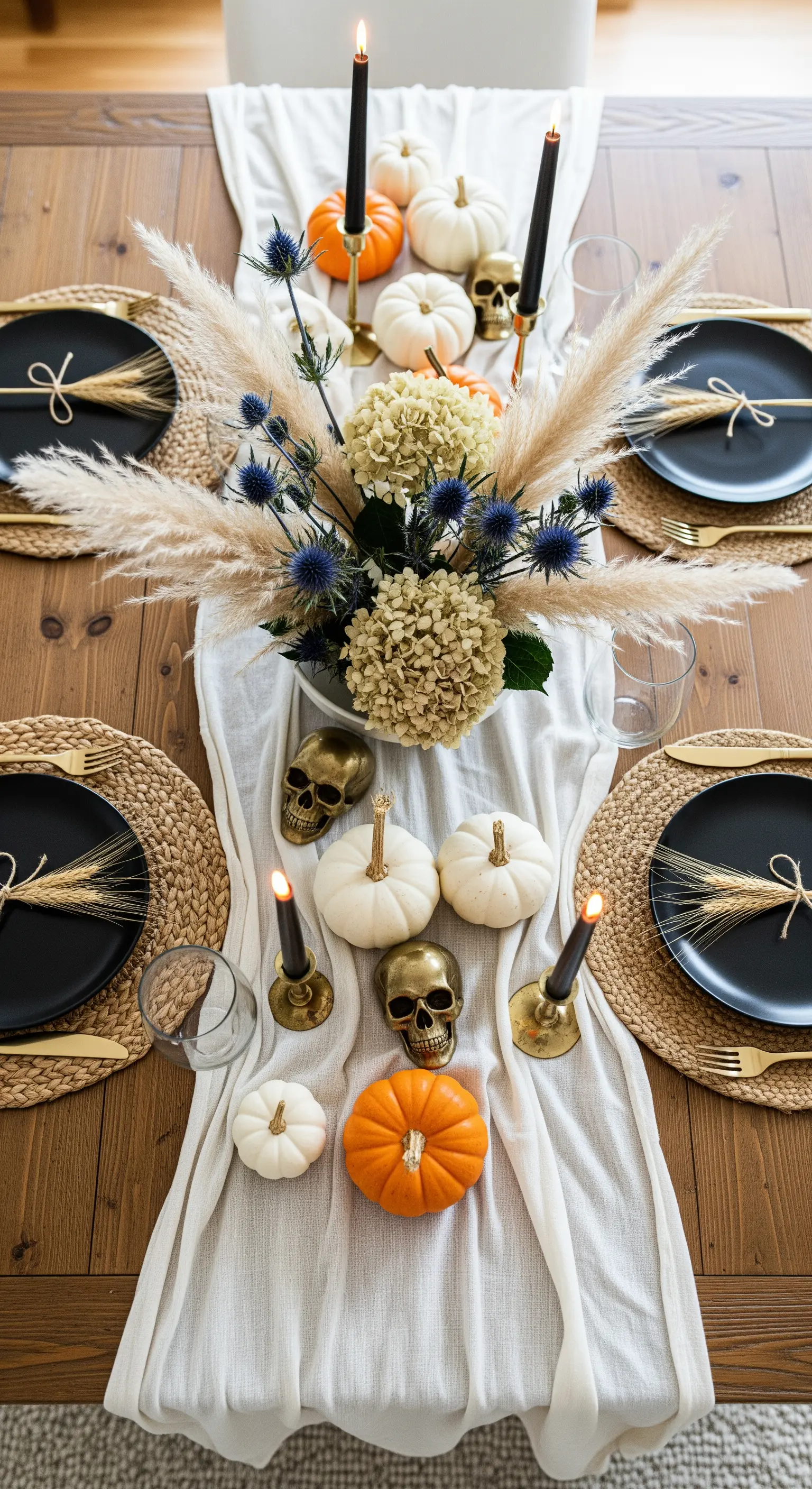 Boho-Halloween Tischdeko mit schwarzen Tellern, goldenen Schädeln und Pampasgras.