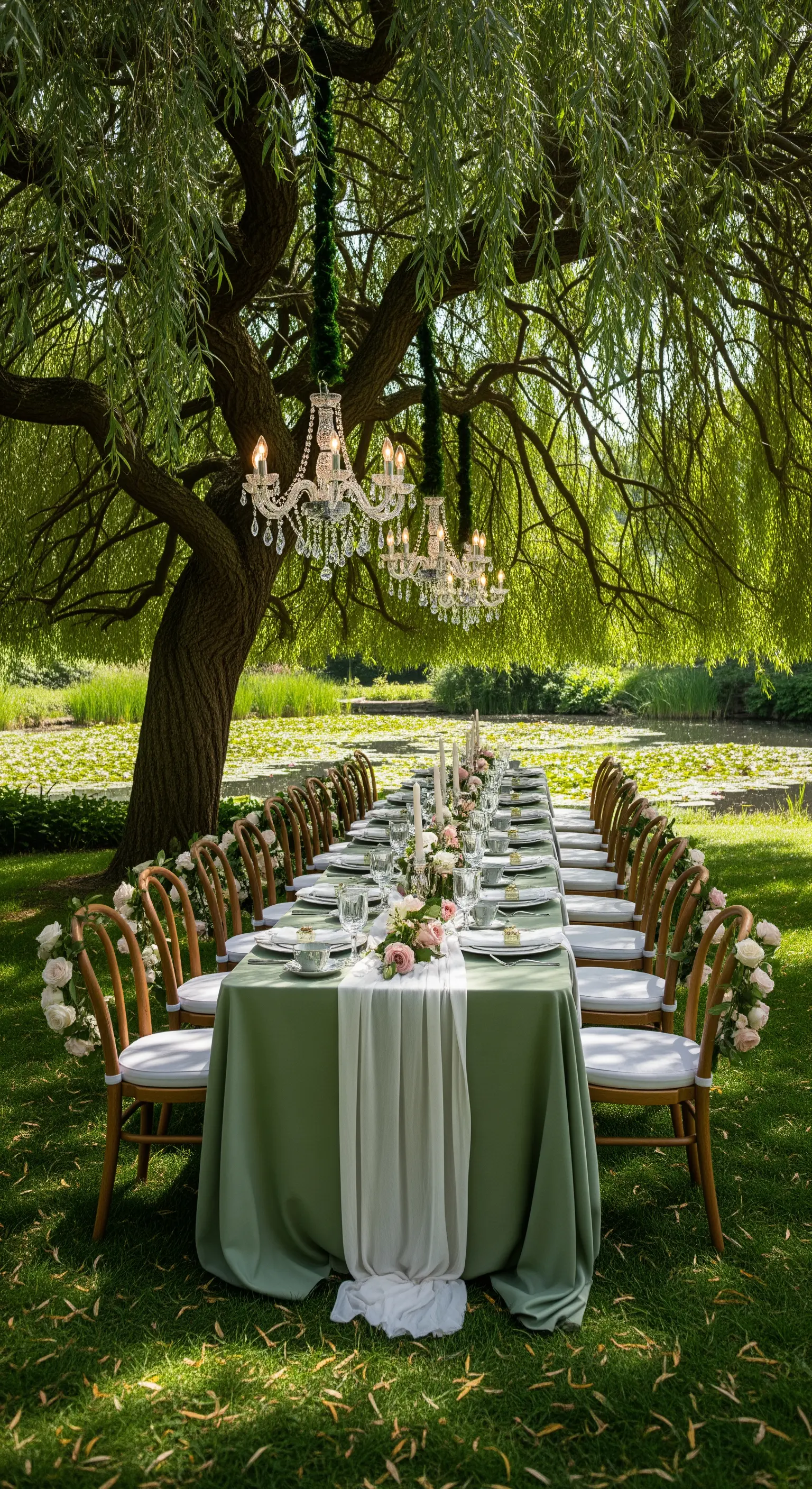 Lange Festtafel unter Trauerweide mit Kronleuchtern und rosengeschmückten Stühlen