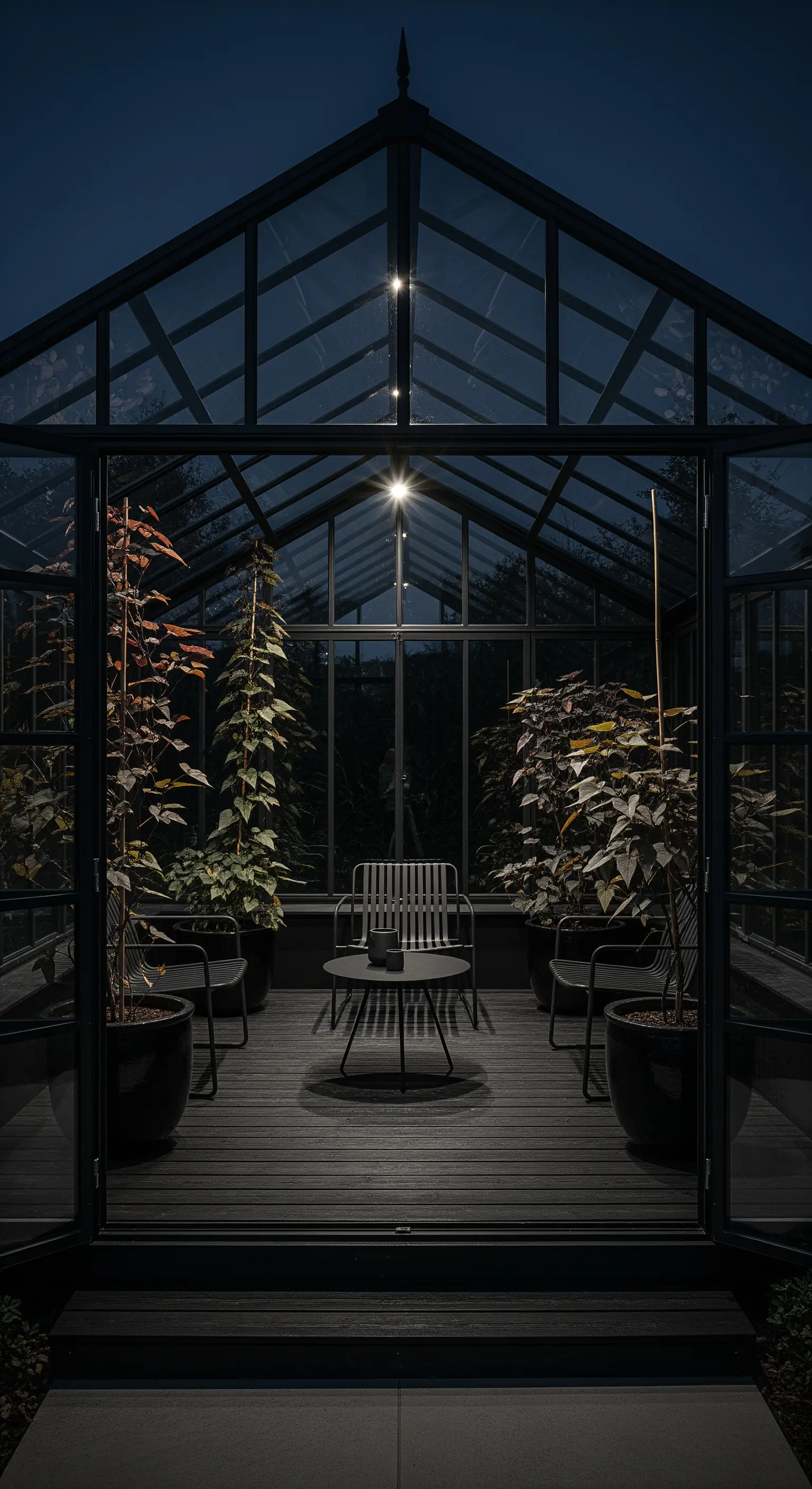 Schwarzes Gewächshaus mit Pflanzen, minimalistischen Möbeln und Licht