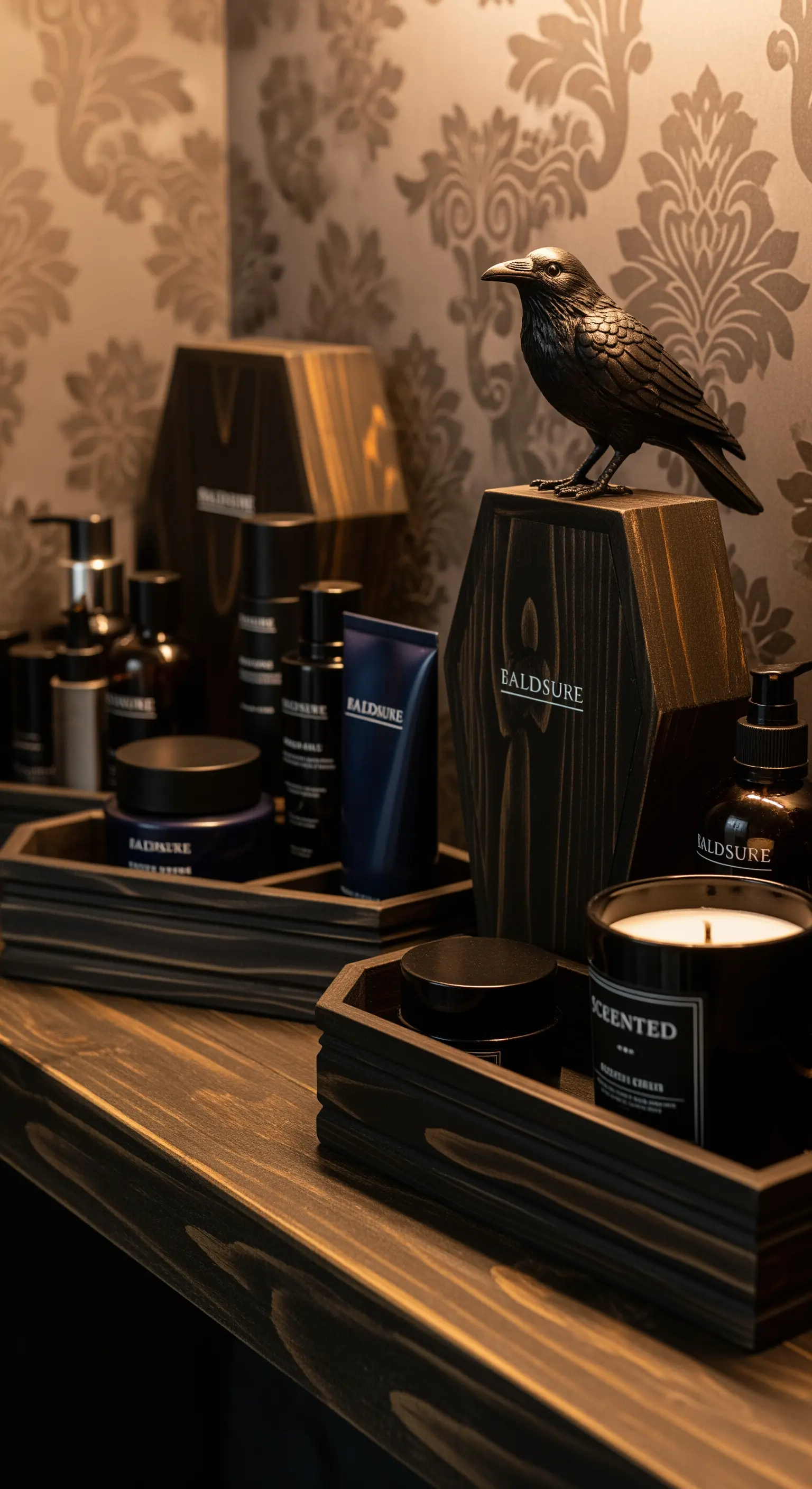 Regal mit Gothic-Deko, schwarzen Raben und Sarg-förmigen Boxen für Pflegeprodukte