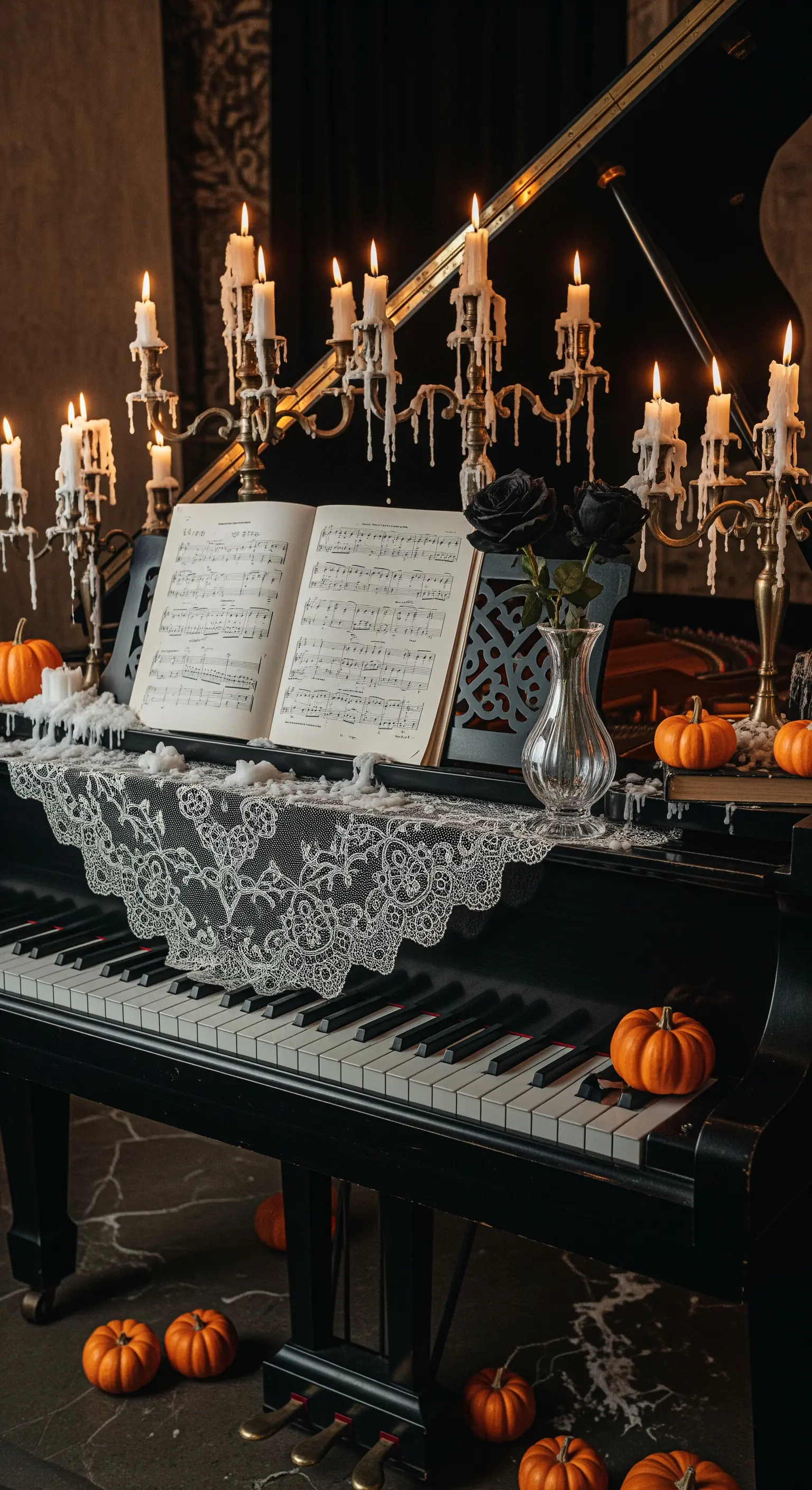 Klavier mit mehrarmigen Kerzenleuchtern, Spitzendecke, schwarzen Rosen und orangefarbenen Kürbissen.