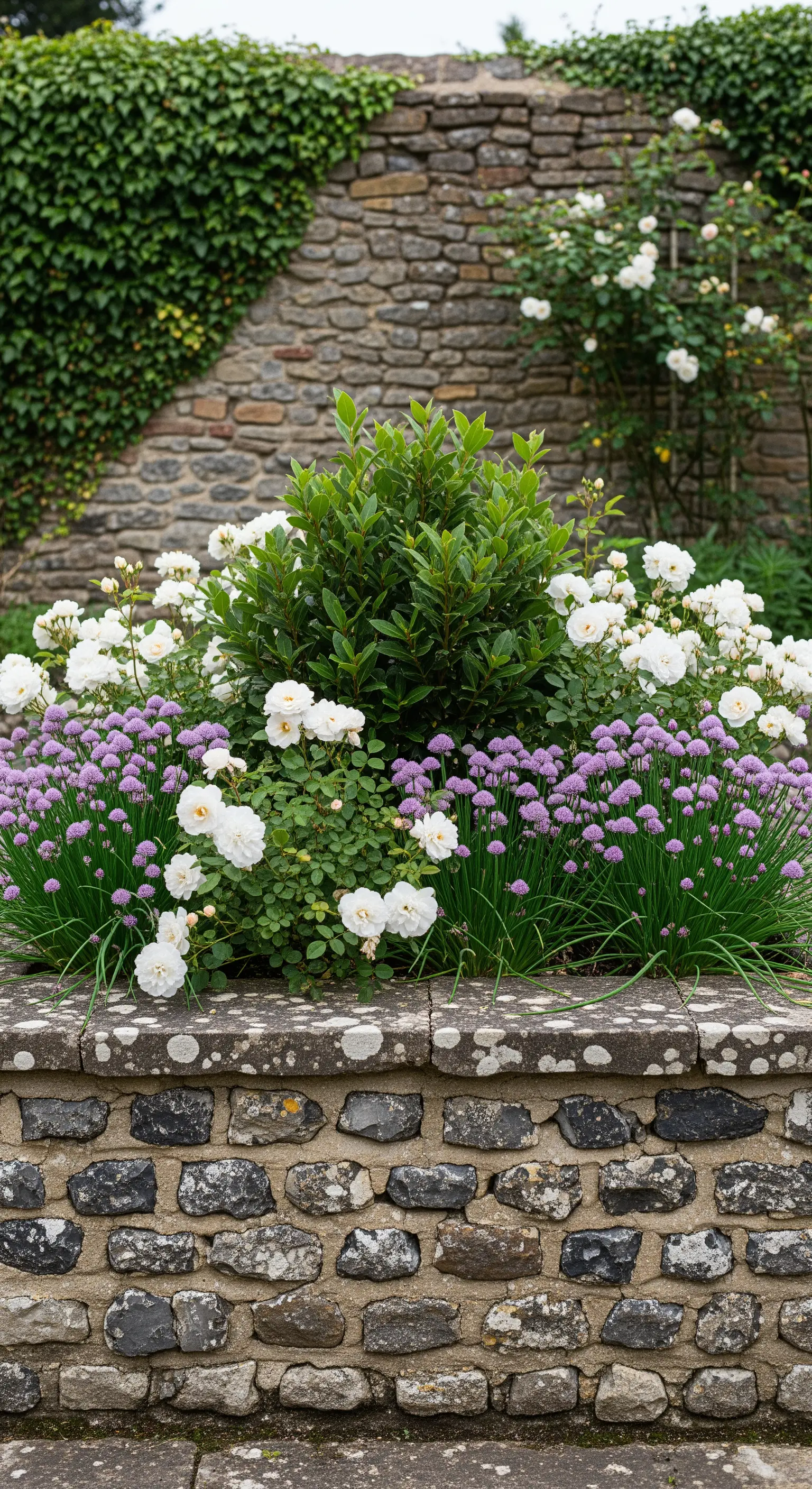 Steinmauer, weiße Rosen, Lorbeer, Schnittlauch, Hochbeet.